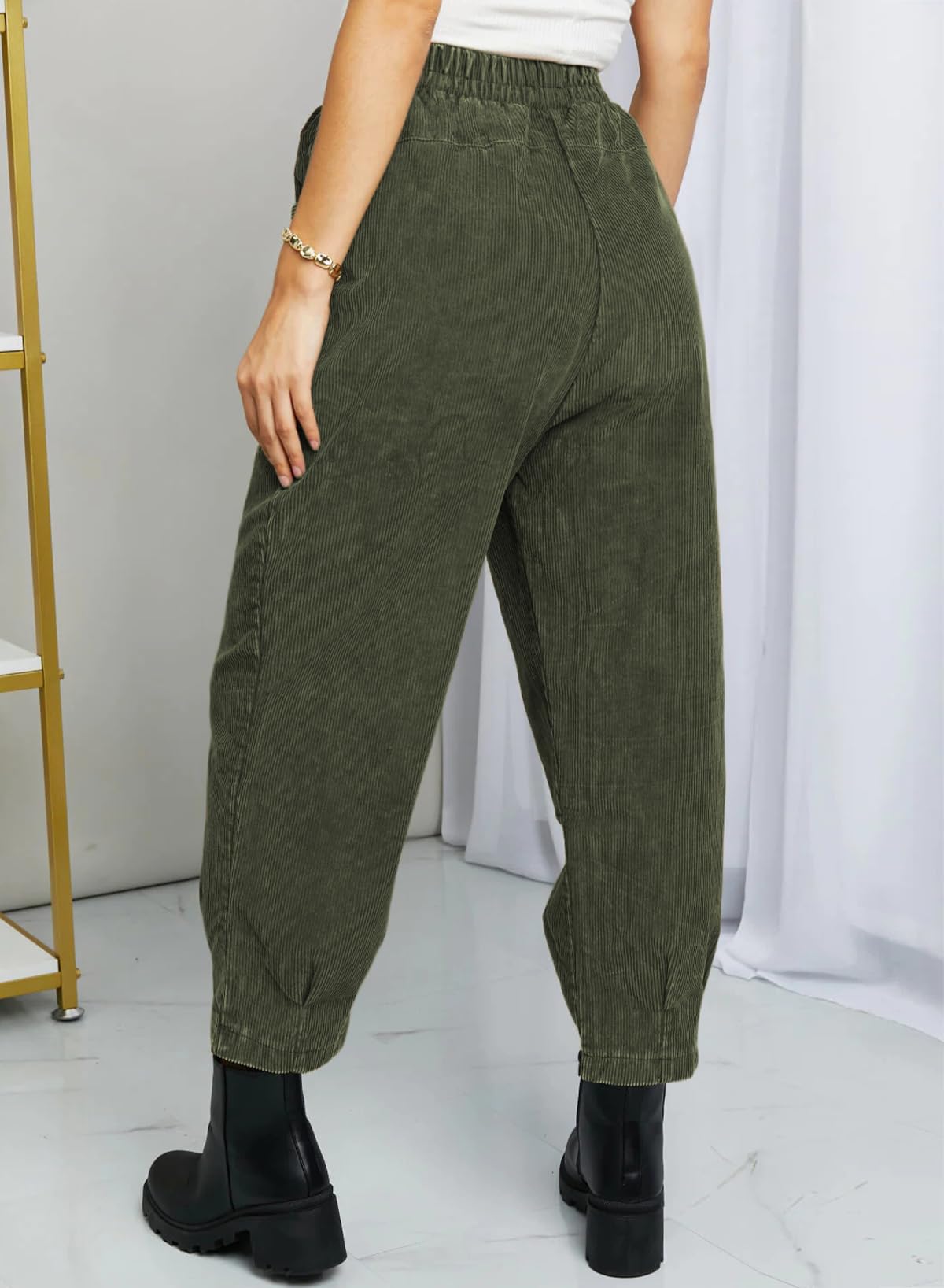 EVALESS Women's High Waist Corduroy Pants - Stretchy Elastic Waistband, Tapered Leg, Pull-On Ankle Work Pants - Comfortable Fall Trousers for Office, Casual Wear & Autumn Outfits 2023