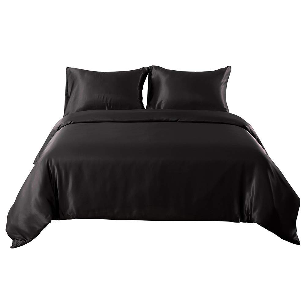 100% Pure Silk Satin Duvet Cover Set with 2 Pillowcases - Wrinkle Free, Fade Resistant, Breathable & Hypoallergenic - Luxury Twin/Twin XL Size for Cool Comfort (Black) | Perfect for Hot Sleepers & Sensitive Skin