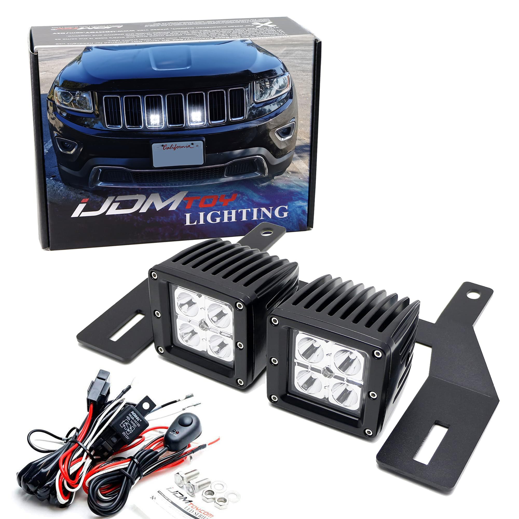 iJDMTOY 40W LED Pod Light Kit for Jeep Grand Cherokee (2011-2021) - 2x 20W High Power LED Cubes with Grille Mount Brackets & On/Off Switch Relay - Perfect for Off-Roading, Night Driving & Adventure Lighting