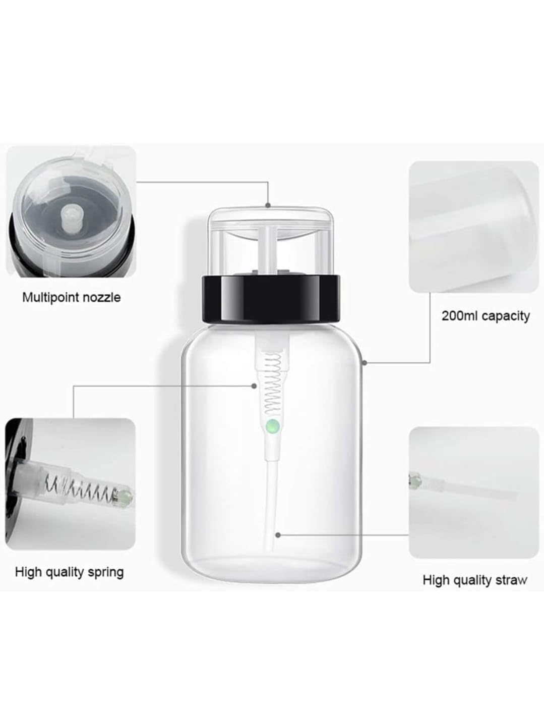 2 Pack Lockable Push Down Pump Dispenser Bottle - 200ml (6.8oz) Empty Refillable Container for Nail Polish, Makeup Remover & Beauty Liquids with Black Top Cap - Perfect for Salon, Travel & Home Organization