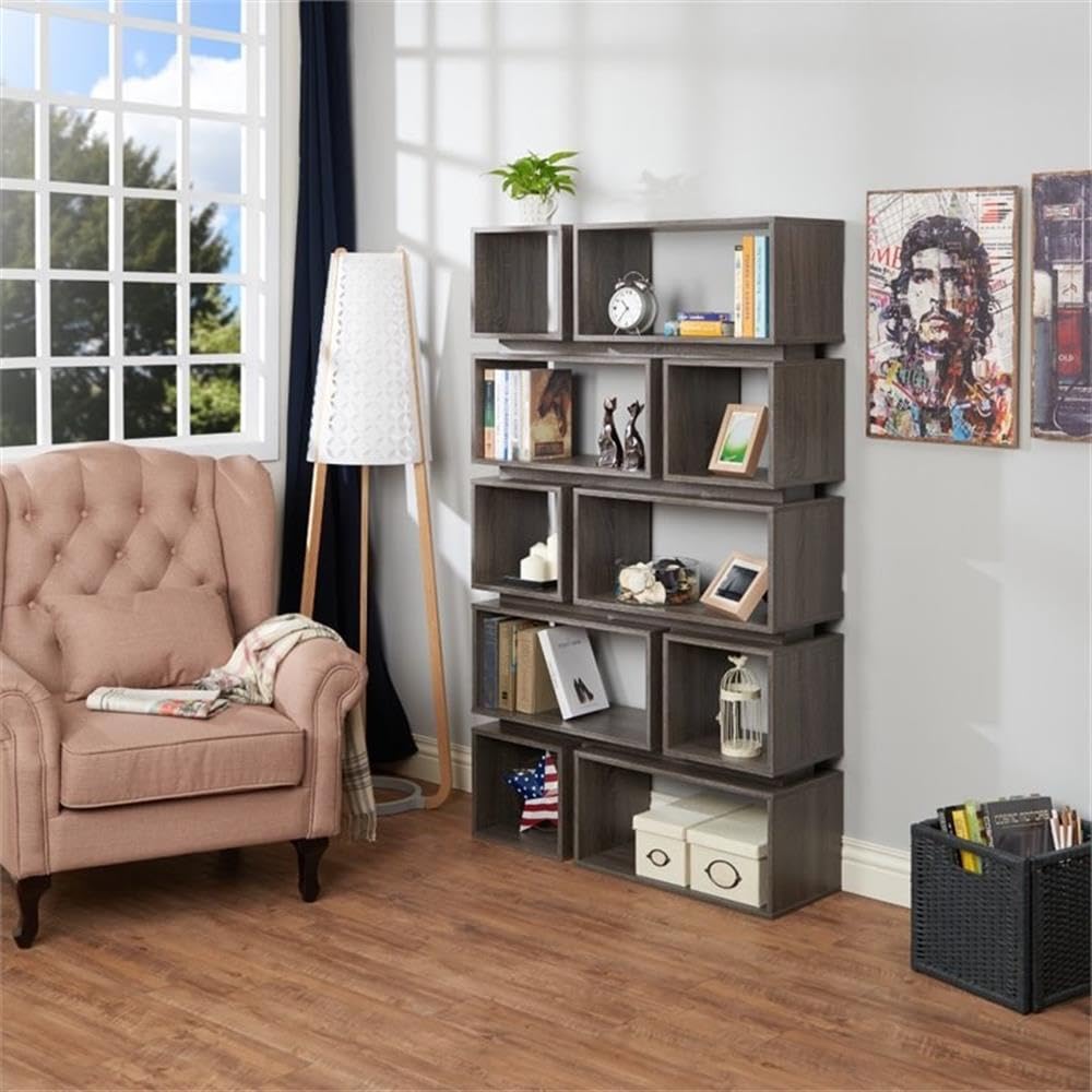 Allora Distressed Gray Bookcase - Rustic Wooden Bookshelf for Living Room, Bedroom & Office Storage