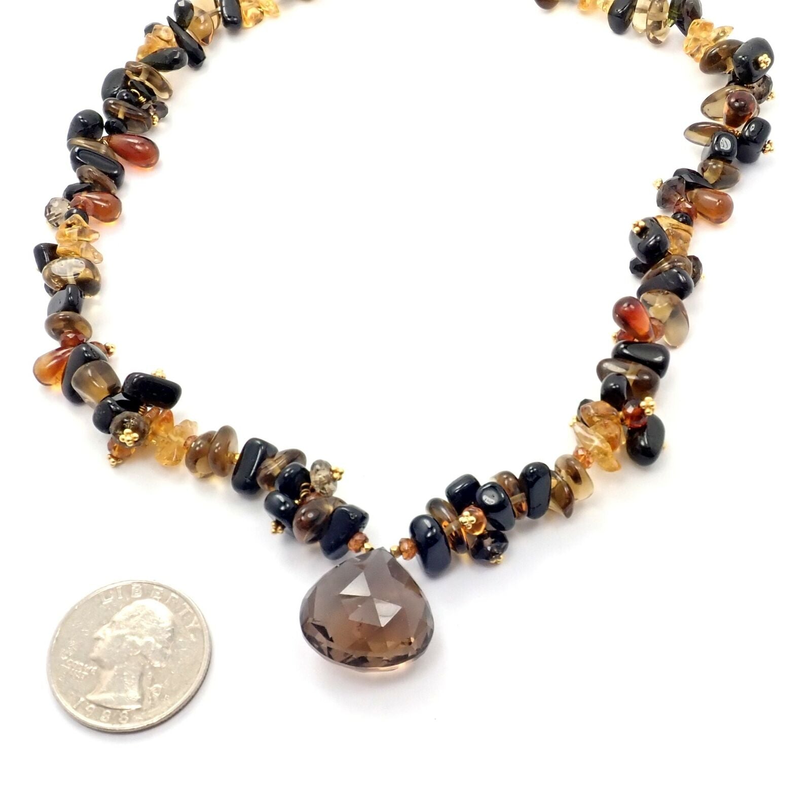18K Yellow Gold Briolette Smokey Topaz Onyx Bead Necklace for Women - Elegant Statement Jewelry for Evening Parties & Special Occasions