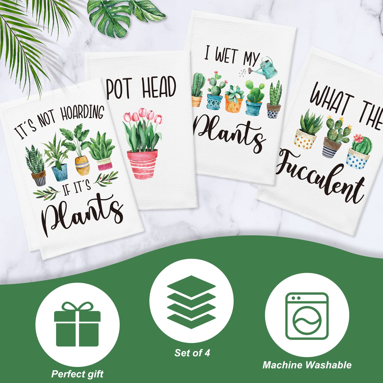 Tatuo 4-Piece Funny Kitchen Towel Set with Plant Sayings - Absorbent Waffle Weave Hand & Tea Towels - Cute Housewarming Gift for Plant Lovers (Perfect for Kitchen Decor, Hostess Gifts & Coffee Bar Accessories)