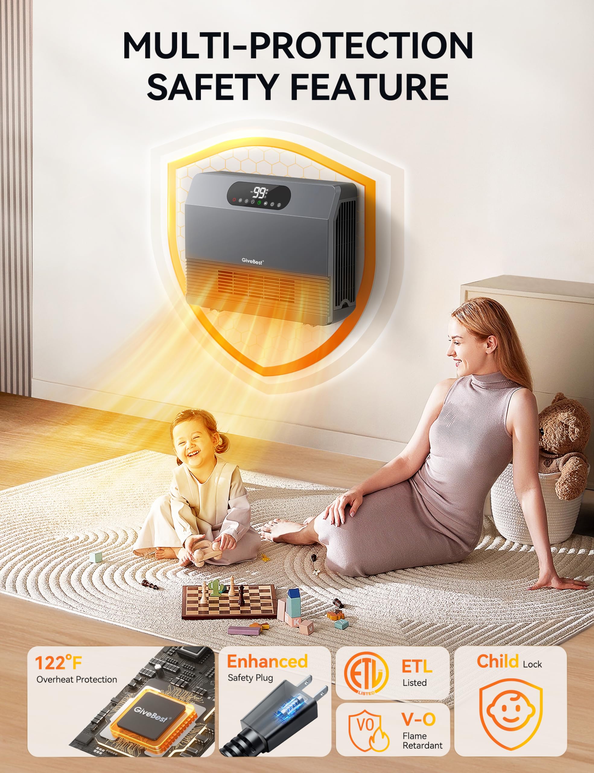 GiveBest Smart Wall Heater 1500W - Fast Heating Electric Space Heater with Thermostat for Bedroom & Indoor Use - Wall or Floor Mount - Alexa Compatible with Timer - Perfect for Home Office & Winter Warmth