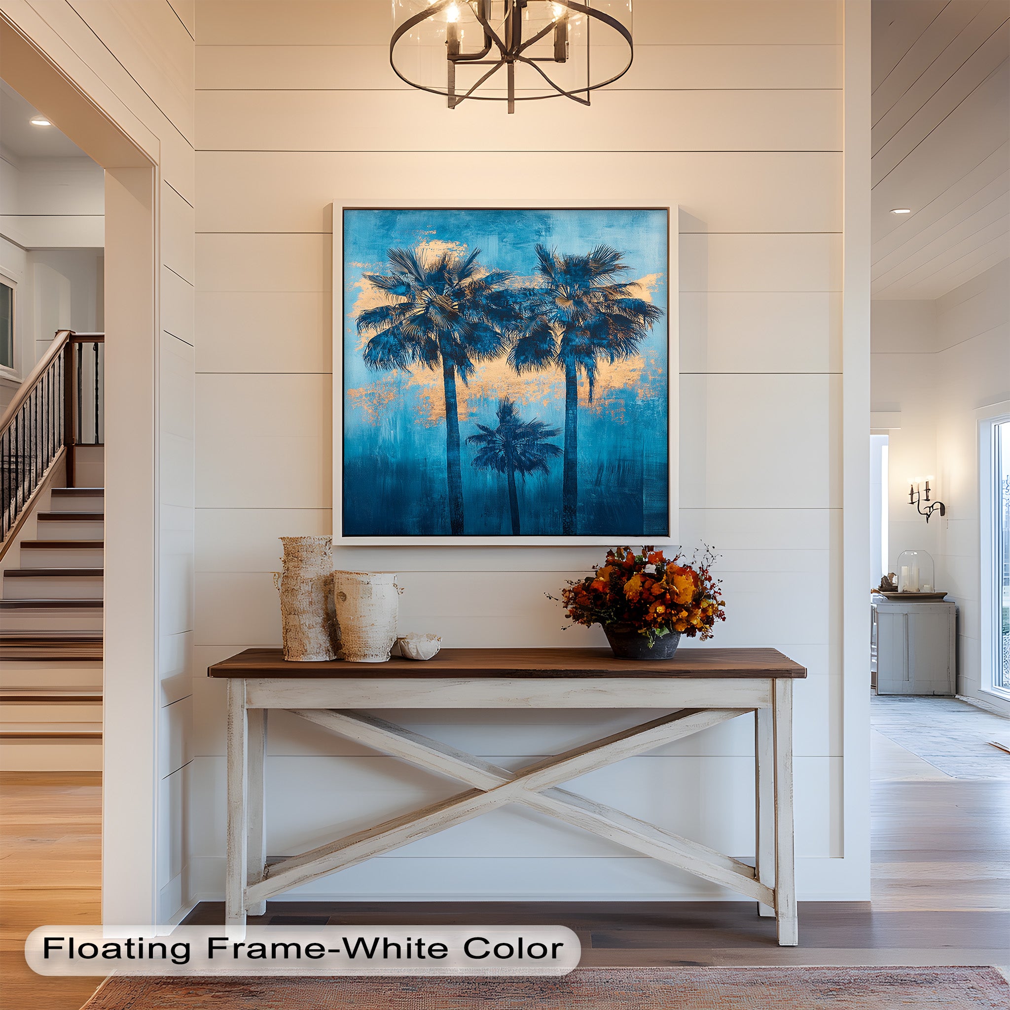 Blue Sunset Palms Tropical Oil Painting - Handmade Beach Wall Art for Living Room, Bedroom & Office Decor