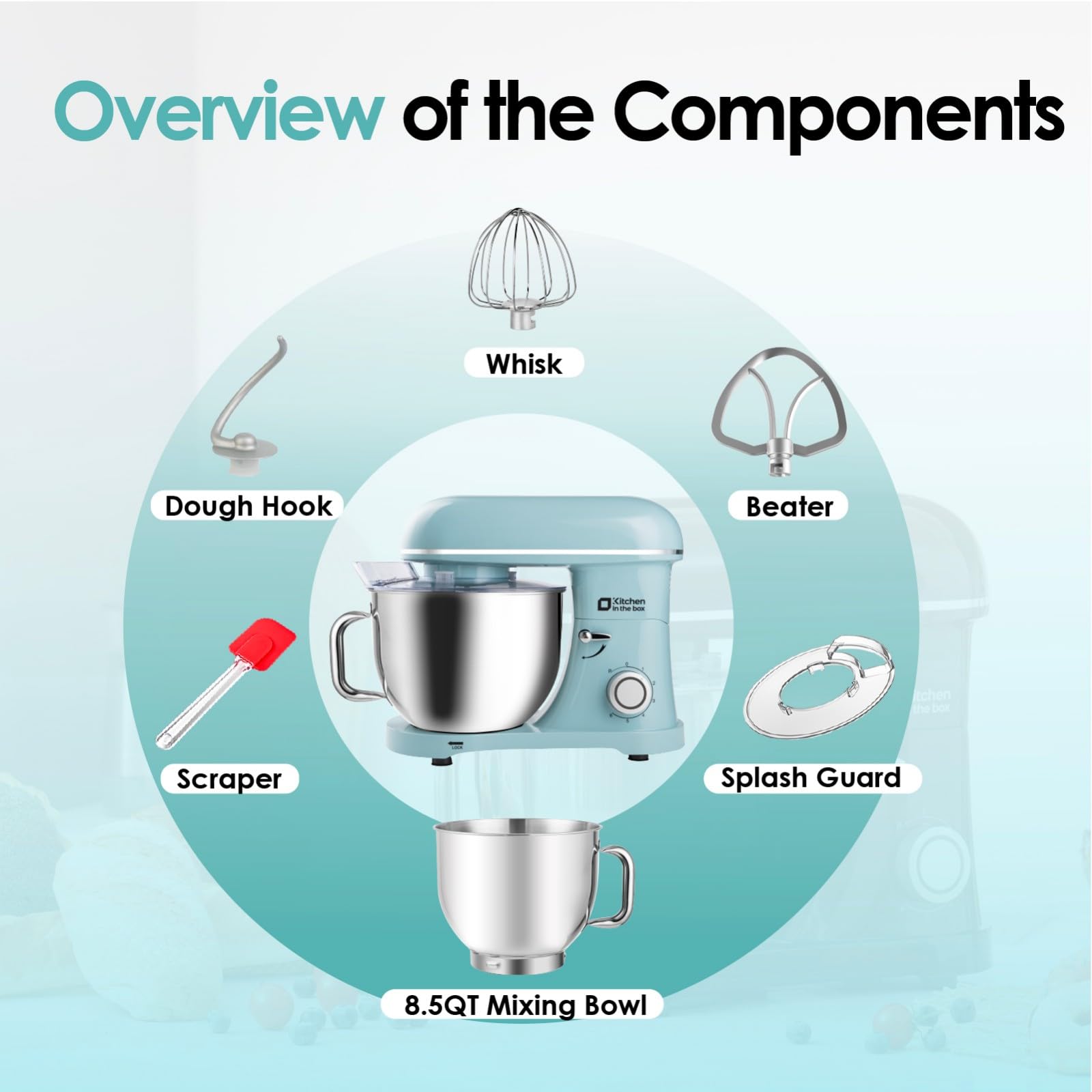900W 8.5QT Stand Mixer - Powerful Electric Kitchen Mixer with 6 Speeds, Large Capacity, Includes Egg Whisk, Dough Hook & Flat Beater - Perfect for Baking, Kneading Dough, Whipping Cream & Mixing Ingredients (Blue) - Ideal for Home Bakers & Cooking Enthusiasts