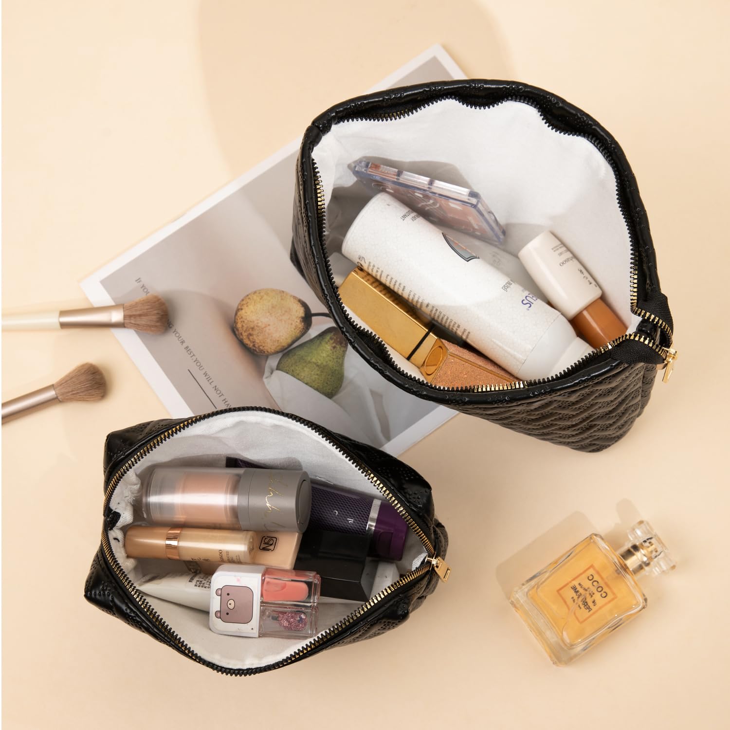 2 Pack Vegan Leather Makeup Bag for Women - Travel Toiletry & Cosmetic Organizer with Brush Holder - Perfect for Purse, Gym, Vacation Essentials (Black)