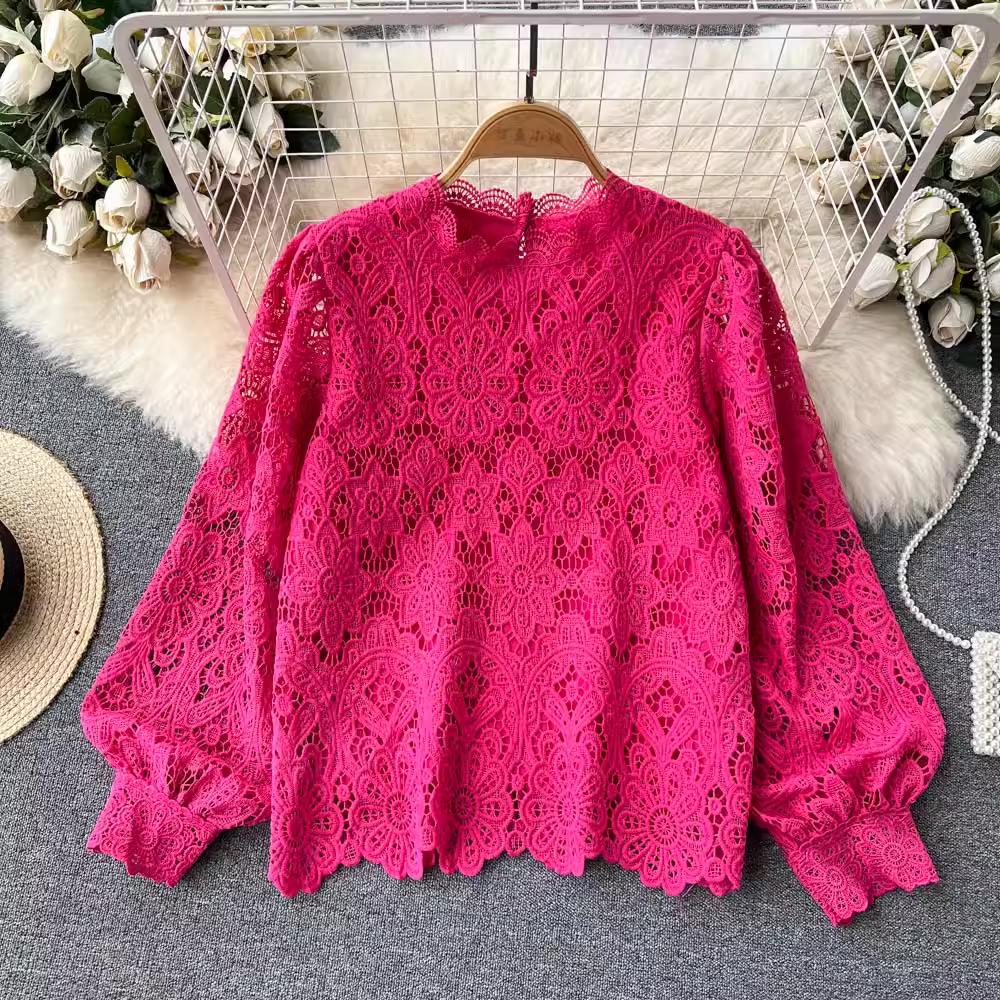 Lace Mesh Hollow Out Long Sleeve Blouse for Women - Spring & Autumn Fashion Top 1065 | Perfect for Office Wear, Date Nights & Casual Outfits