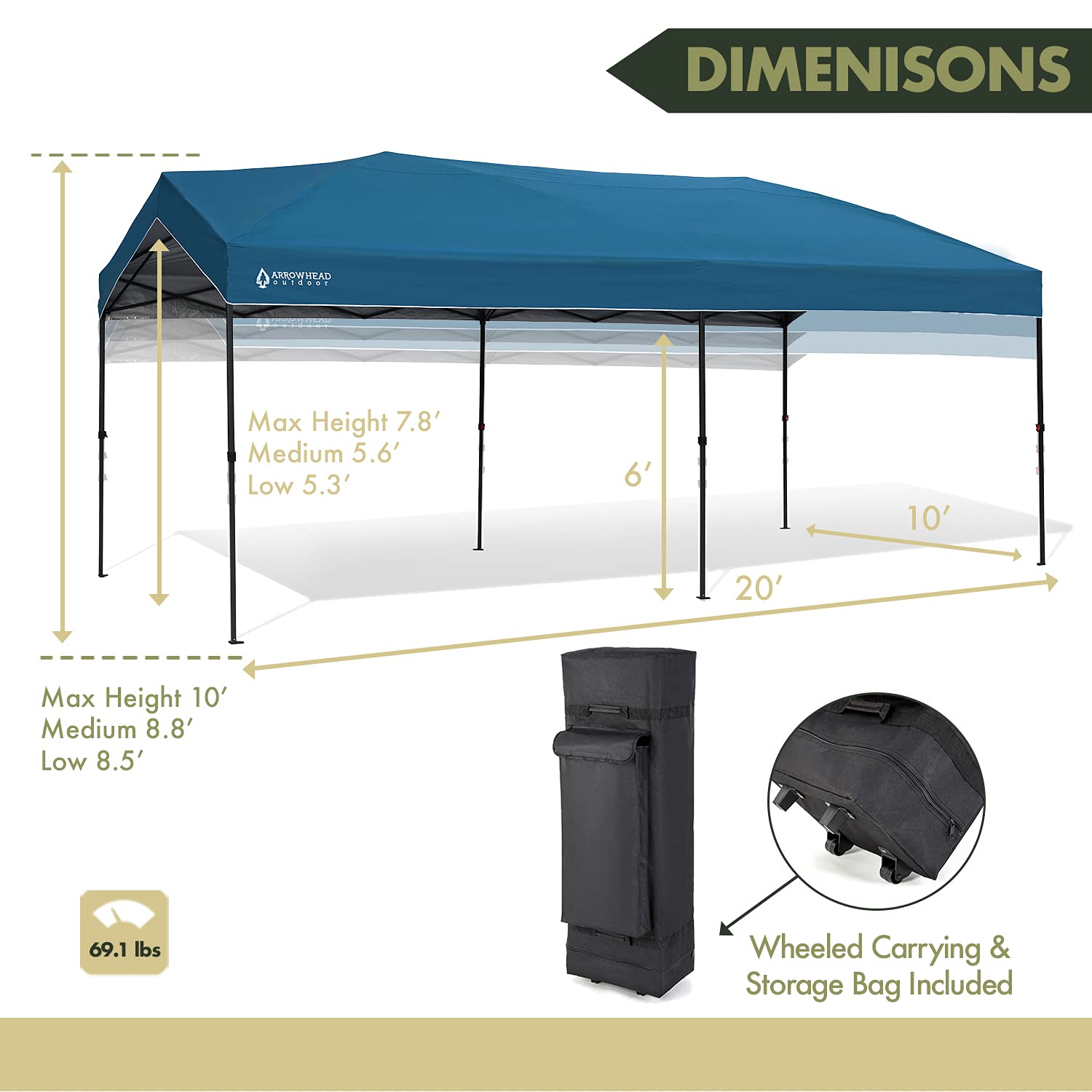ARROWHEAD OUTDOOR 10’x20’ Pop-Up Canopy Tent - Instant Shelter with 300D Waterproof & UV Resistant Fabric - Easy One Person Setup - Includes Wheeled Carry Bag, Guide Ropes & Stakes - Perfect for Backyard Parties, Camping, Beach & Outdoor Events (Blue, KGS0391U)