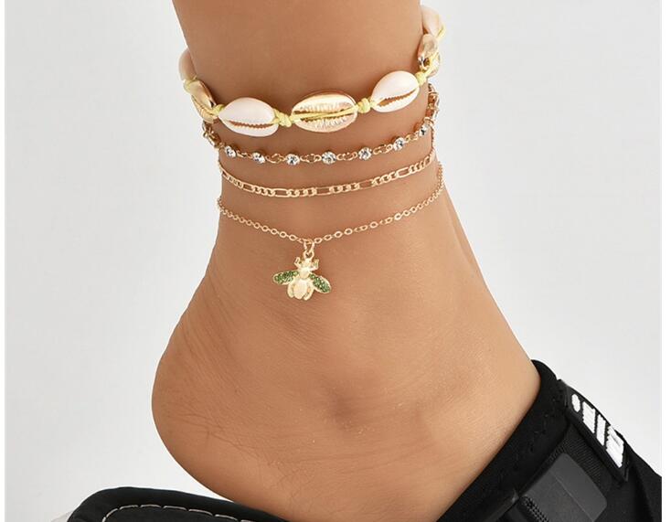 Elegant Women's Beach Anklet with Shell Weave & Diamond Bee Pendant - Multi-Layer Foot Jewelry for Summer Vacations, Pool Parties & Boho Fashion