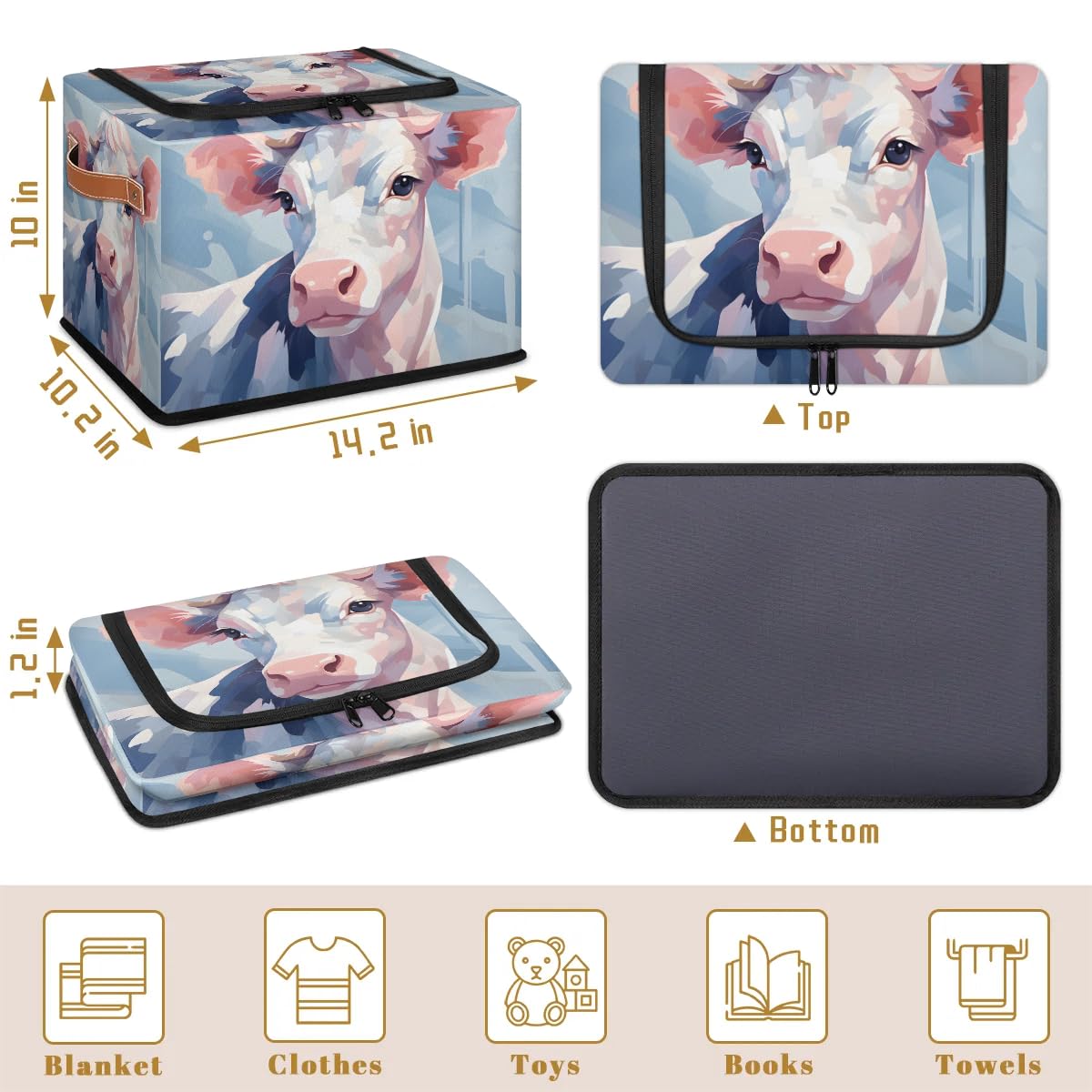 Collapsible Fabric Storage Bins with Lids - Cow Print Stackable Organizer Cubes for Closet, Home & Office | Dustproof Foldable Storage Box for Clothes, Toys, Blankets & Seasonal Items | Perfect for Bedroom, Nursery & Dorm Organization