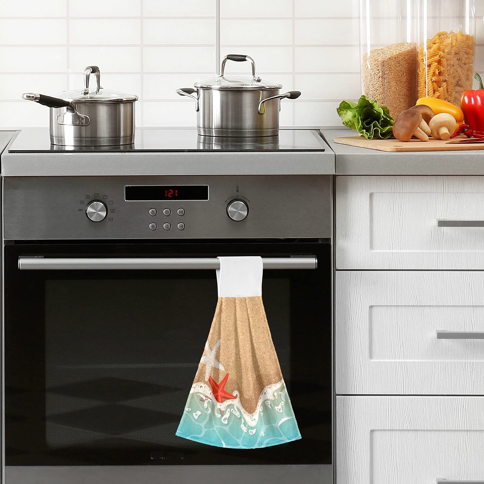 2-Pack Fast-Drying Absorbent Soft Kitchen Hand Towels - Sandy Beach Sea Wave Starfish Shells Design for Home Kitchen & Bathroom Decor | Perfect for Drying Dishes, Cleaning Countertops, and Adding Coastal Style