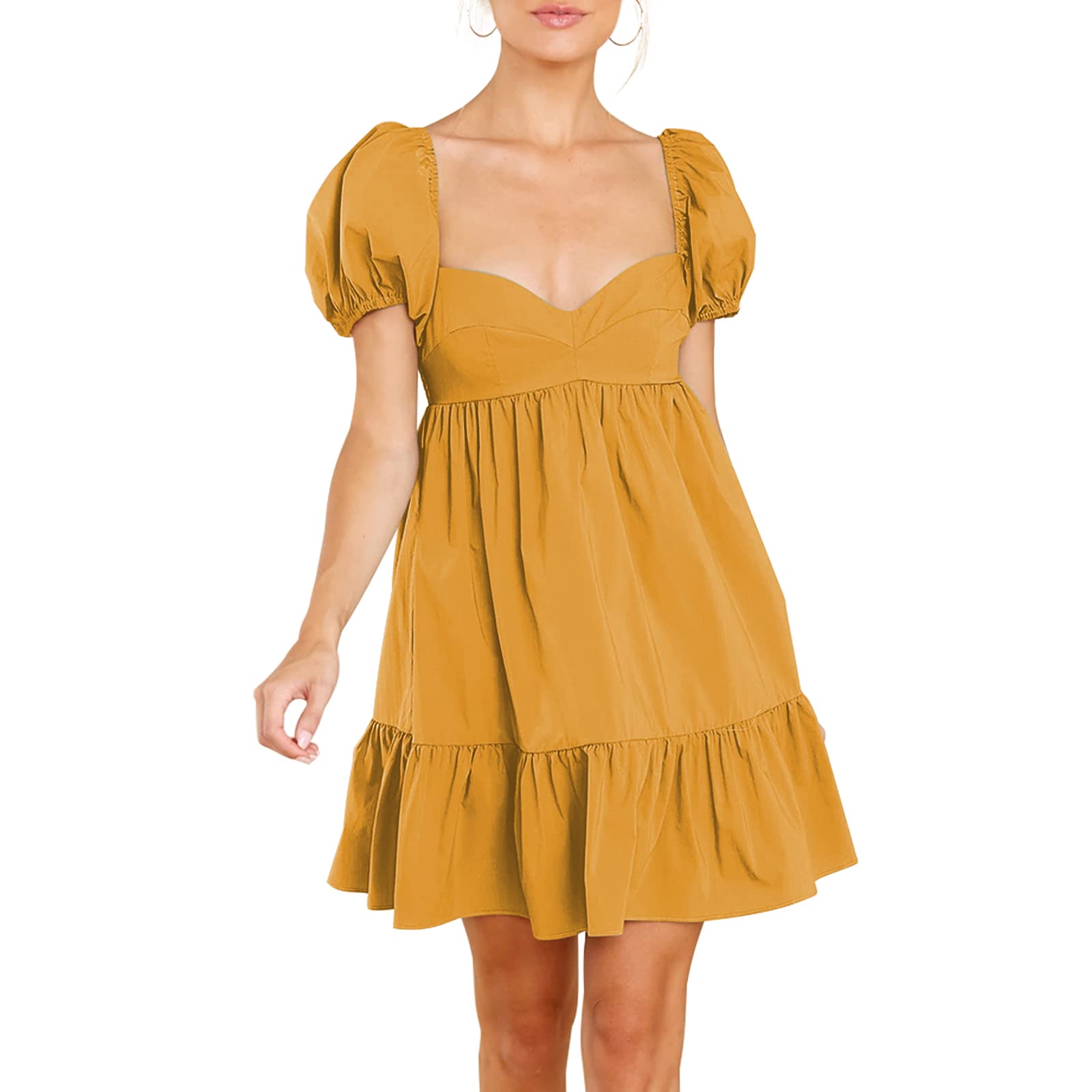BELONGSCI Women's Summer Dress 2023 - Square & Sweetheart Neckline, Short Puff Sleeve A-Line Mini Dress for Casual Wear | Perfect for Beach, Vacation, and Daily Outfits