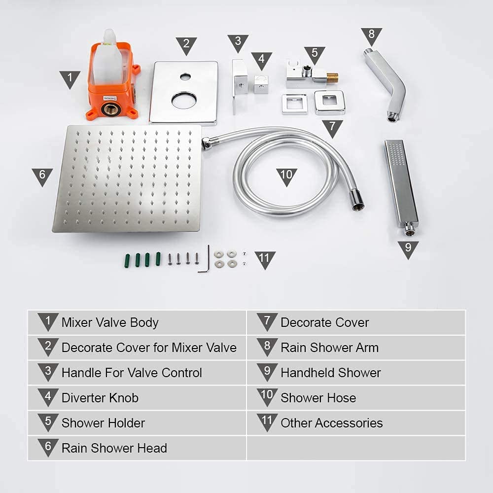 Luxury 10 Inch Wall Mounted Rain Shower System with Handheld Shower - Chrome Bathroom Faucet Set with Rough-in Valve & Trim Kit for Spa-Like Shower Experience