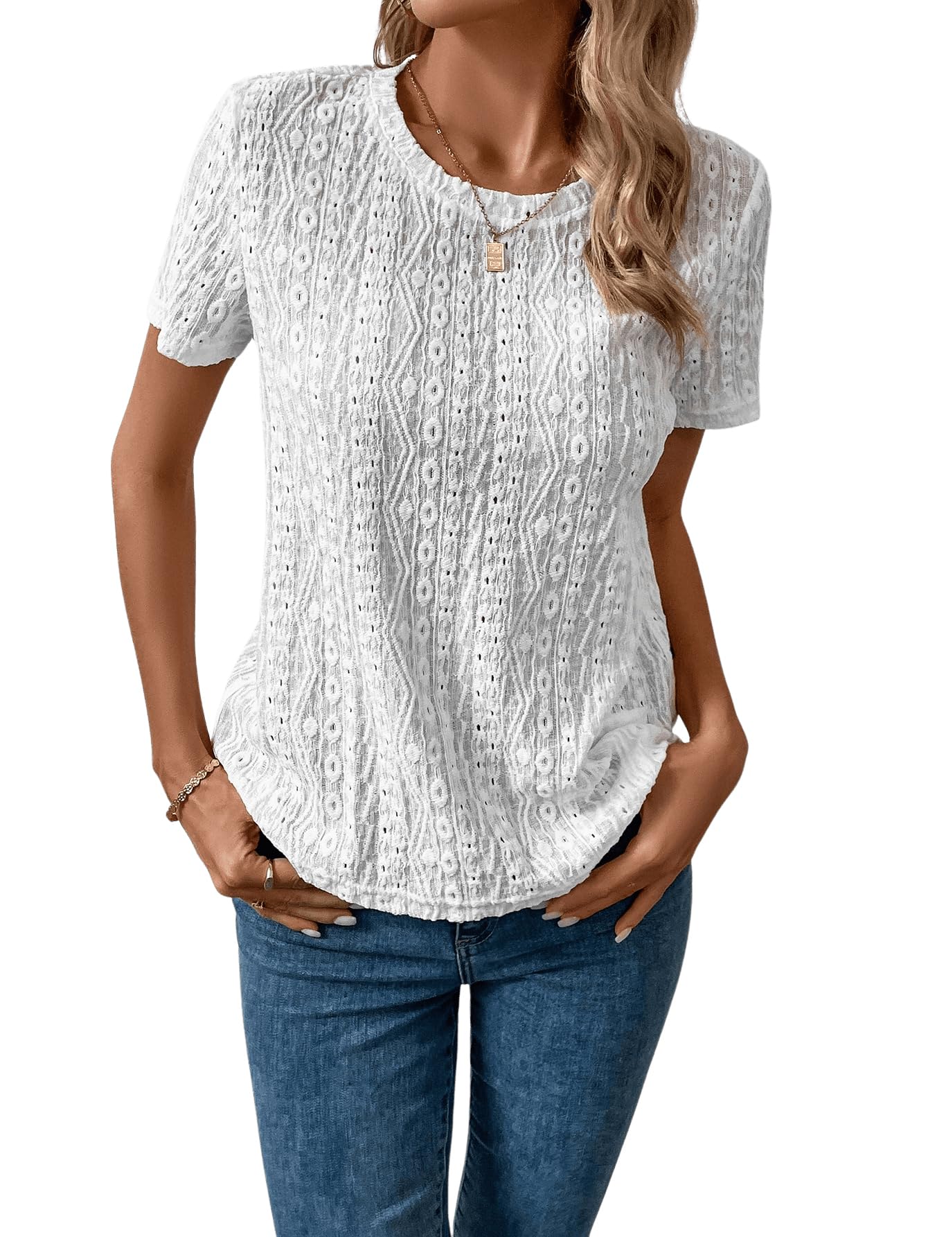 SweatyRocks Women's Vintage Eyelet Embroidery Short Sleeve T-Shirt - Solid Color Crewneck Casual Top for Summer, Beach, Holiday & Everyday Wear