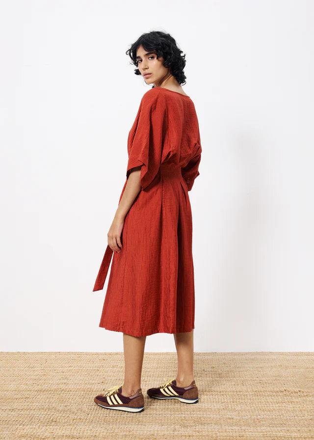 Nickie Women's Midi Dress in Rust Color - Elegant Flowy A-Line Summer Dress for Casual Outings, Date Nights & Office Wear