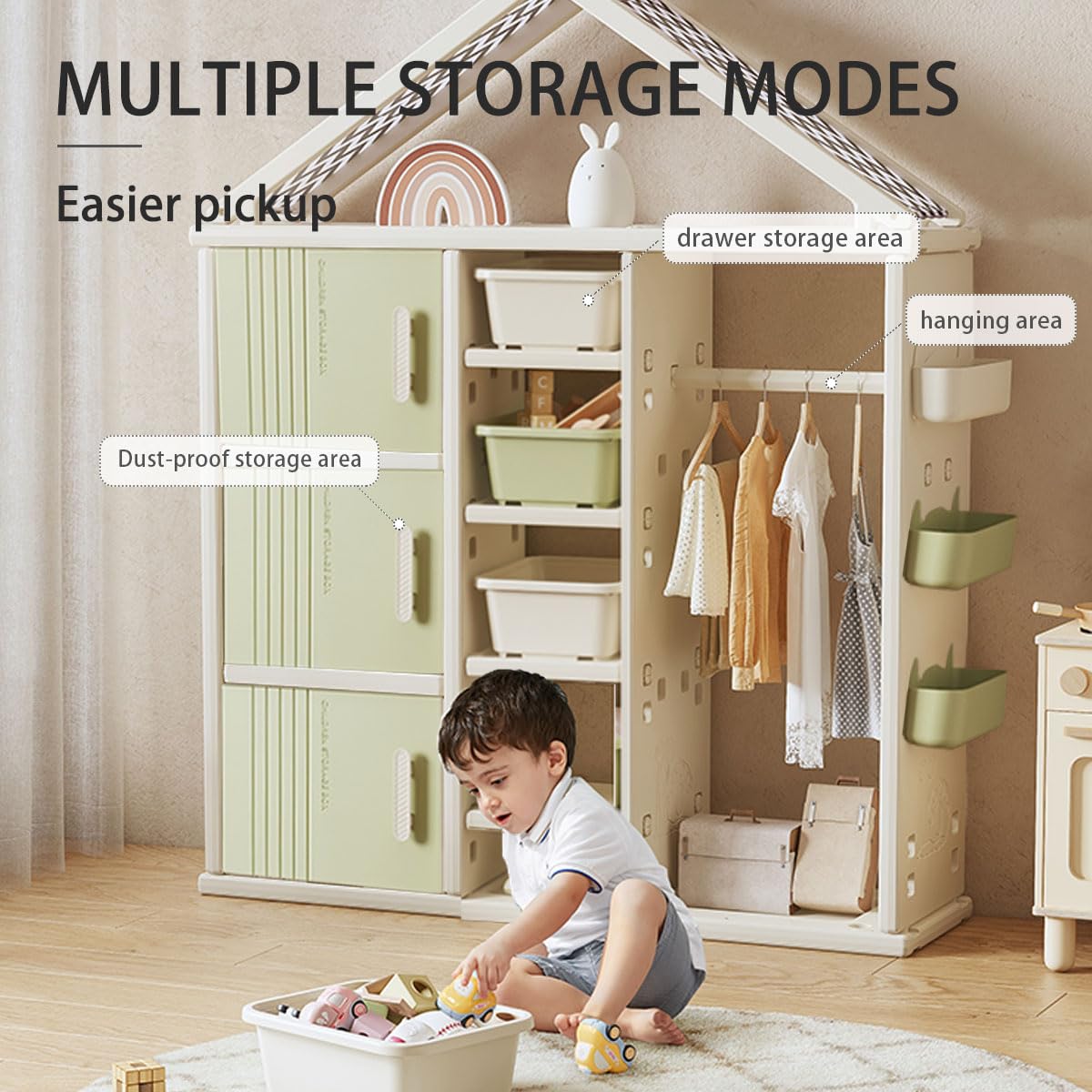 Kids Wardrobe with Hangers & Storage - Closet Organizer for Girls, Boys, Teens & Toddlers - Dress Up Storage & Armoire - Perfect for Bedroom, Playroom & Nursery Organization (Green)