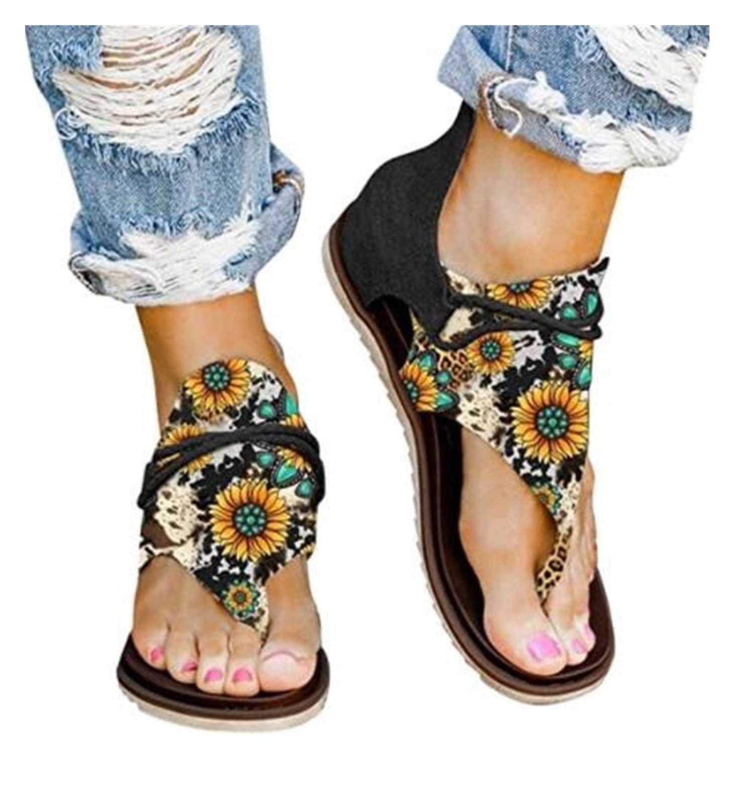 Women's Summer Sandals - Leopard & Floral Print Retro Flip Flops with Butterfly Design | Lightweight Bohemian Thong Sandals for Beach, Outdoor & Casual Wear | Roman Gladiator Flat Sandalias