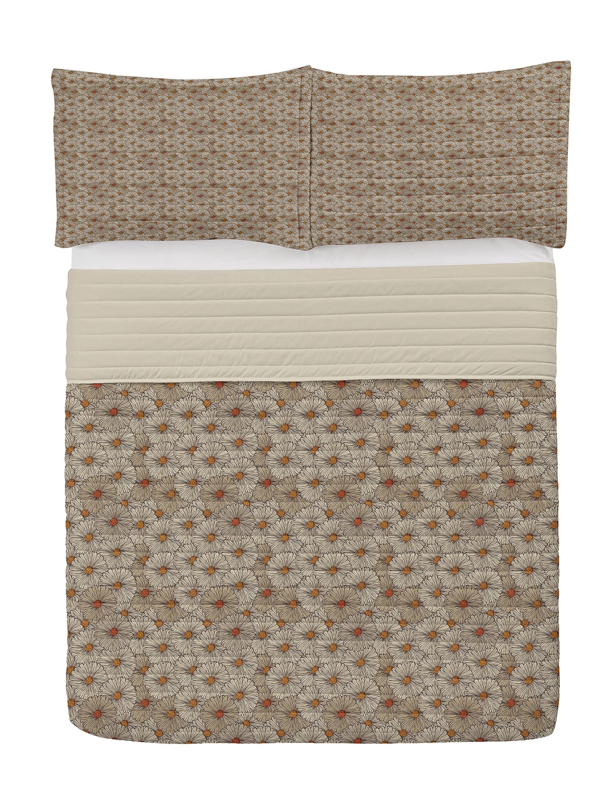 Ambesonne Vintage Microfiber Bedspread Set - Sketch Art Style Gerbera Daisies Abstract Floral Design in Tan Orange Marigold | Soft Queen Size Bedding with Pillow Shams & Comforter | Perfect for Autumn Decor, Cozy Bedroom Makeover & Guest Room Styling