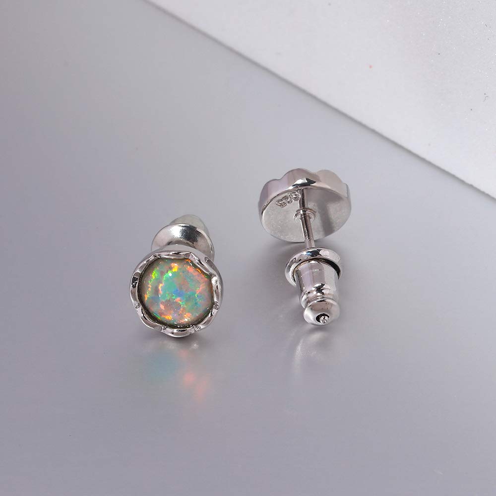 14K White Gold Plated Opal Stud Earrings for Women - 7mm Round Genuine Opal Jewelry - Perfect for Weddings, Parties & Everyday Wear