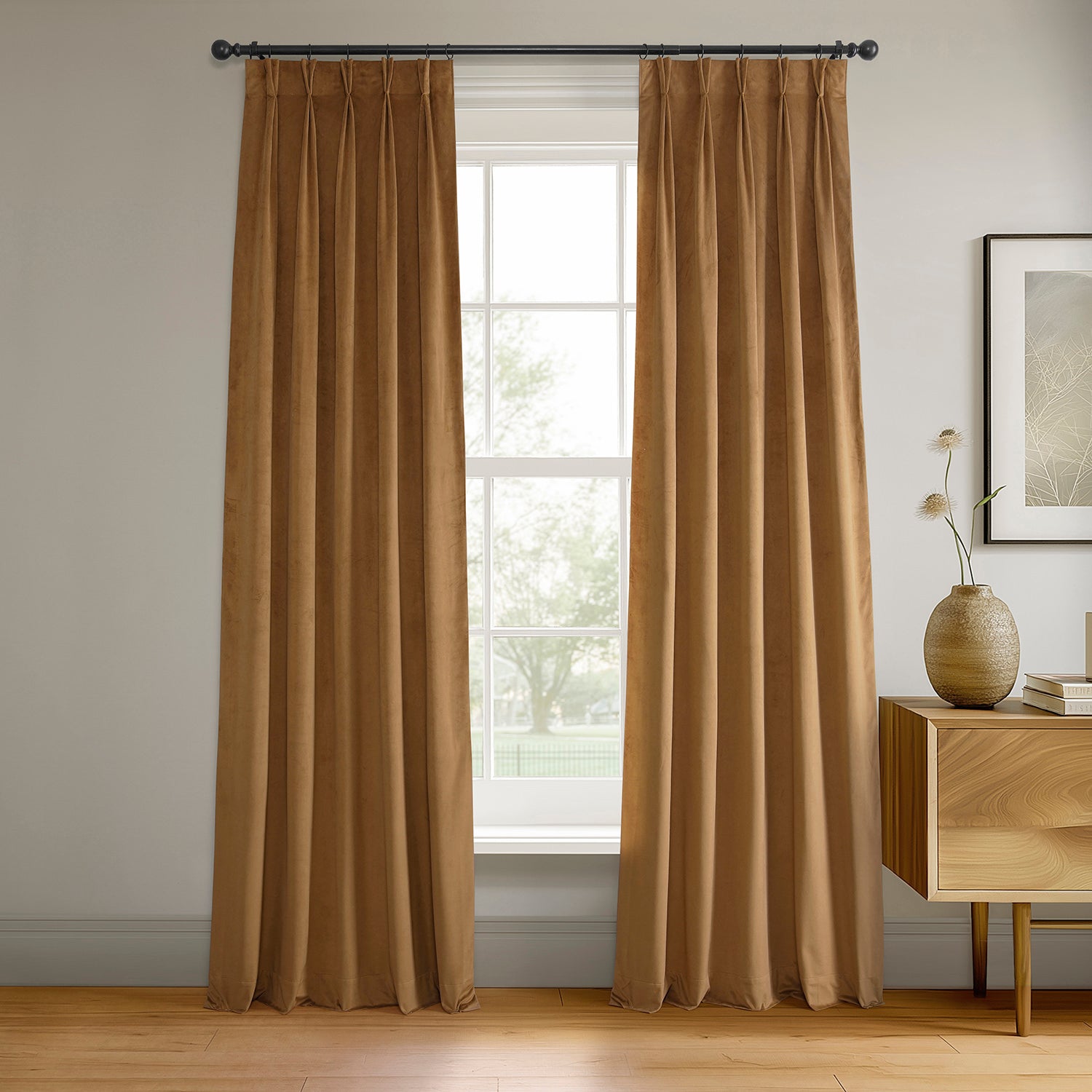 Amber Gold French Pleat Signature Velvet Blackout Curtains - Thermal Insulated Room Darkening Drapes for Bedroom, Living Room & Home Theater