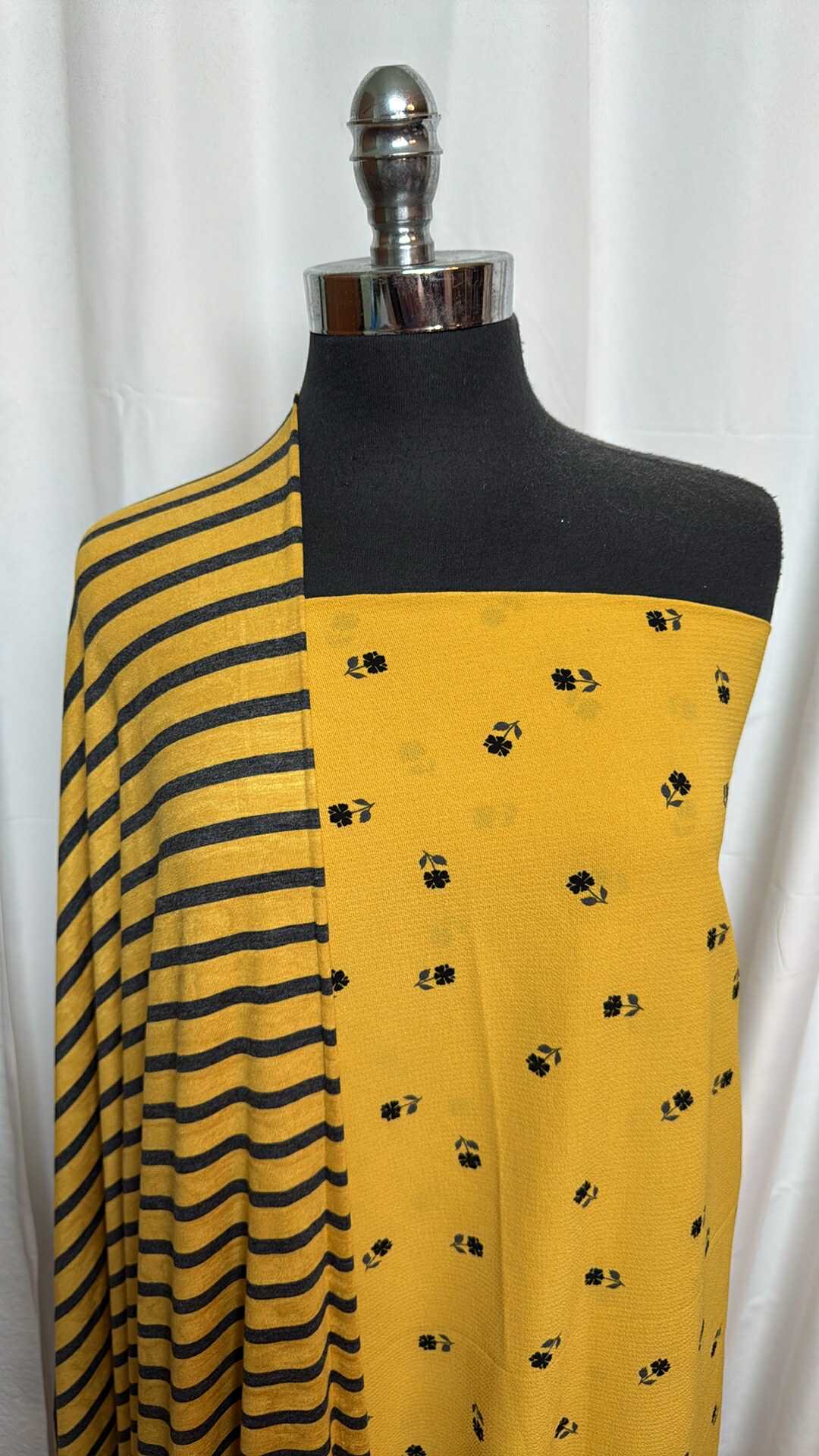 3.5YD Mustard Floral Bubble Crepe & 2YD Mustard Stripe Bamboo Fabric Bundle - A27663 | Perfect for DIY Dresses, Curtains & Home Decor Projects