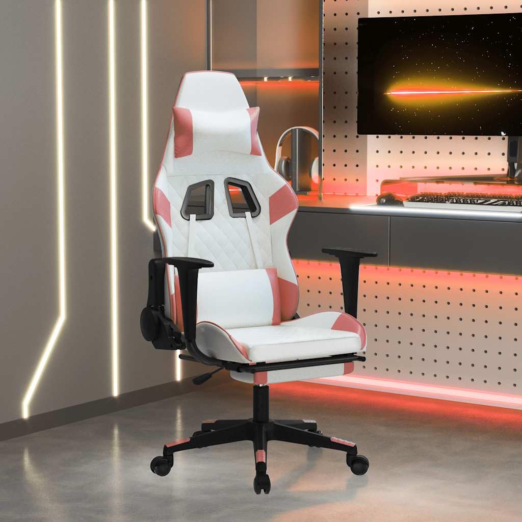 Ergonomic Massage Gaming Chair with Adjustable Footrest - White & Pink Faux Leather Recliner for PC/Console Gamers (16.55 lbs) - Perfect for Home Office, Gaming Setup & Relaxation
