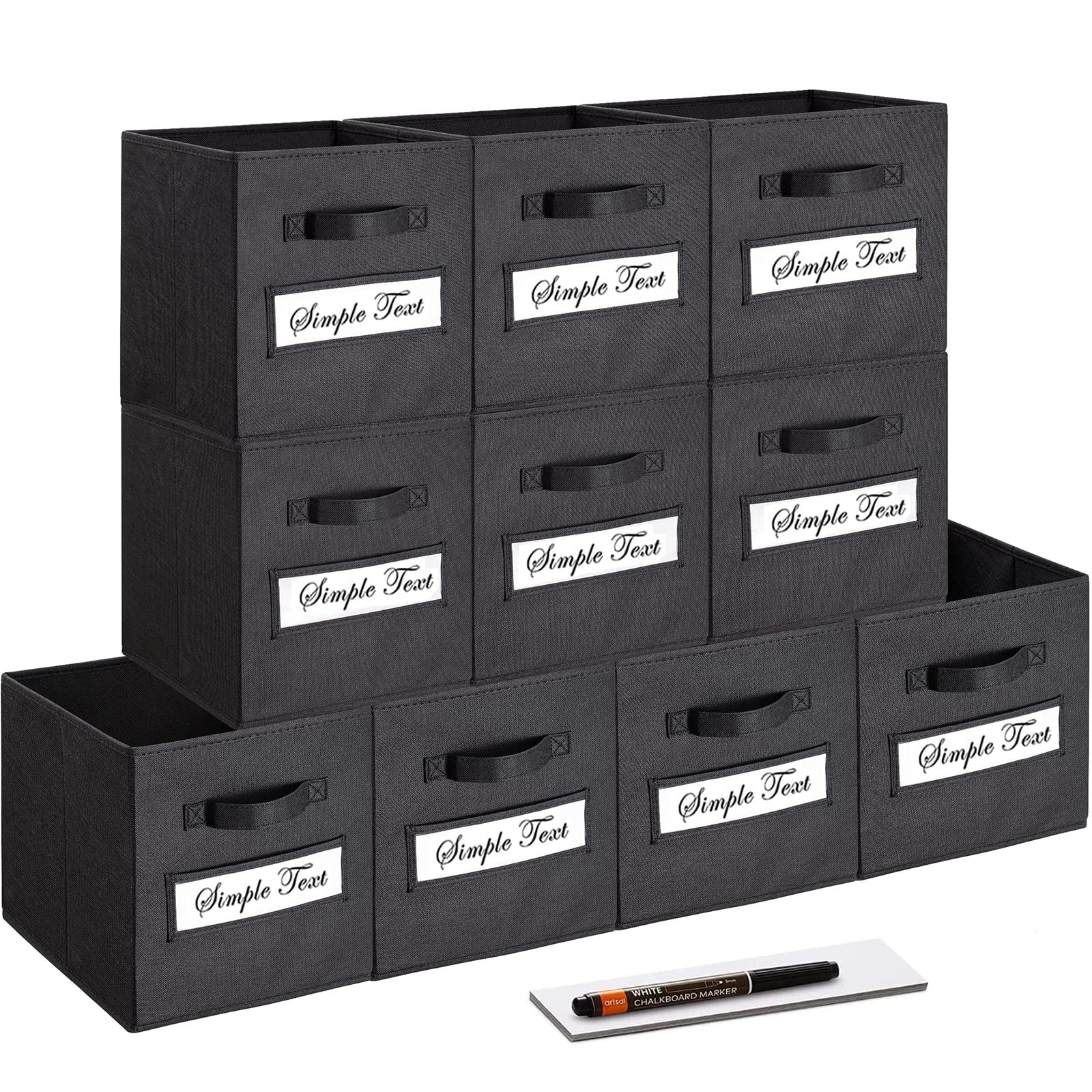 11 Inch Foldable Fabric Storage Cubes (Set of 10) - Black Closet Organizers with Labels & Pen - Perfect for Shelves, Closets, Toy Storage & Home Organization