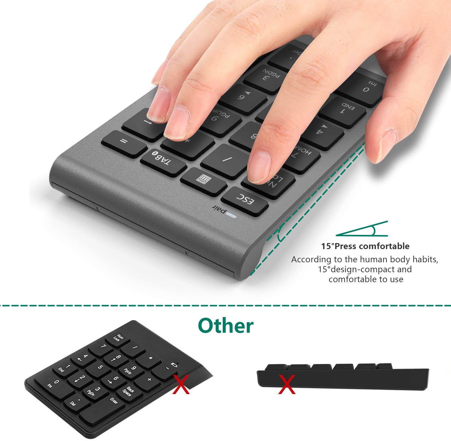 KETAKY Bluetooth Numeric Keypad for Laptops - Wireless 22-Key External Number Pad with Shortcut Keys for PC, Desktop, Surface Pro, Notebook - Cool Gray | Perfect for Office Work, Accounting & Data Entry