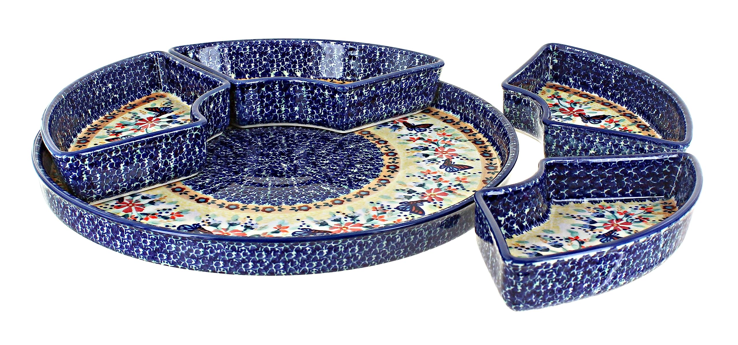 Handmade Blue Rose Polish Pottery Butterfly Tray Set with 4 Matching Plates - Elegant Serving Tray for Tea Party, Home Decor, and Gift Giving