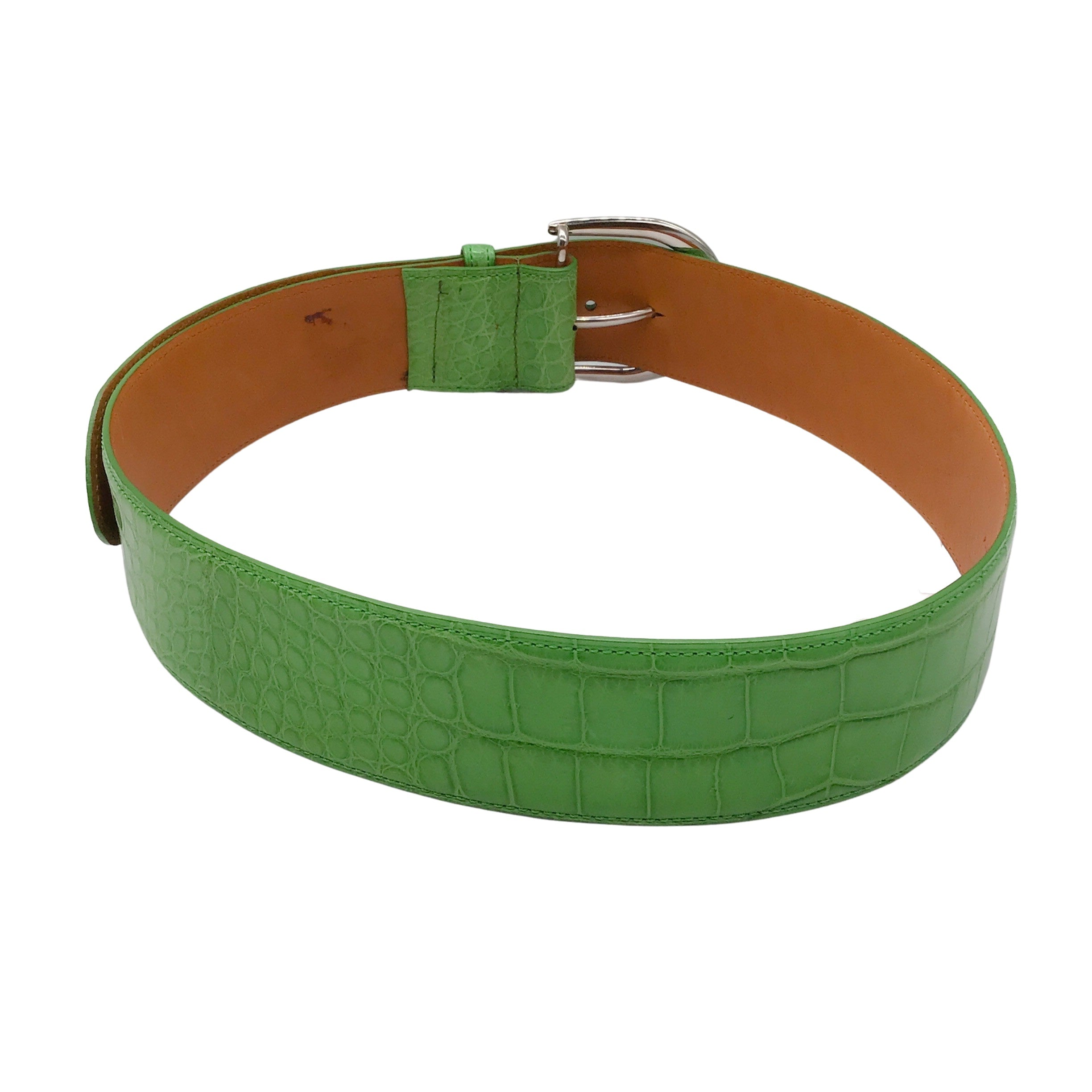 Ralph Lauren Genuine Alligator Skin Leather Belt with Silver Lock Charm - Green & Silver for Men's Fashion & Formal Wear
