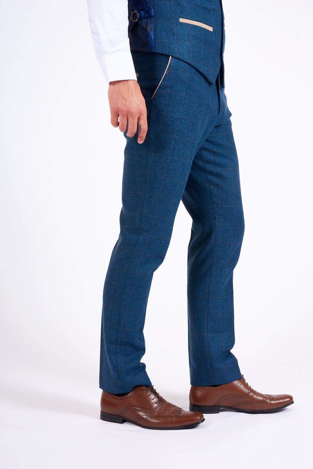 Marc Darcy Dion Men's Blue Check Tweed Trousers - Classic Slim Fit Dress Pants for Business, Office & Formal Occasions