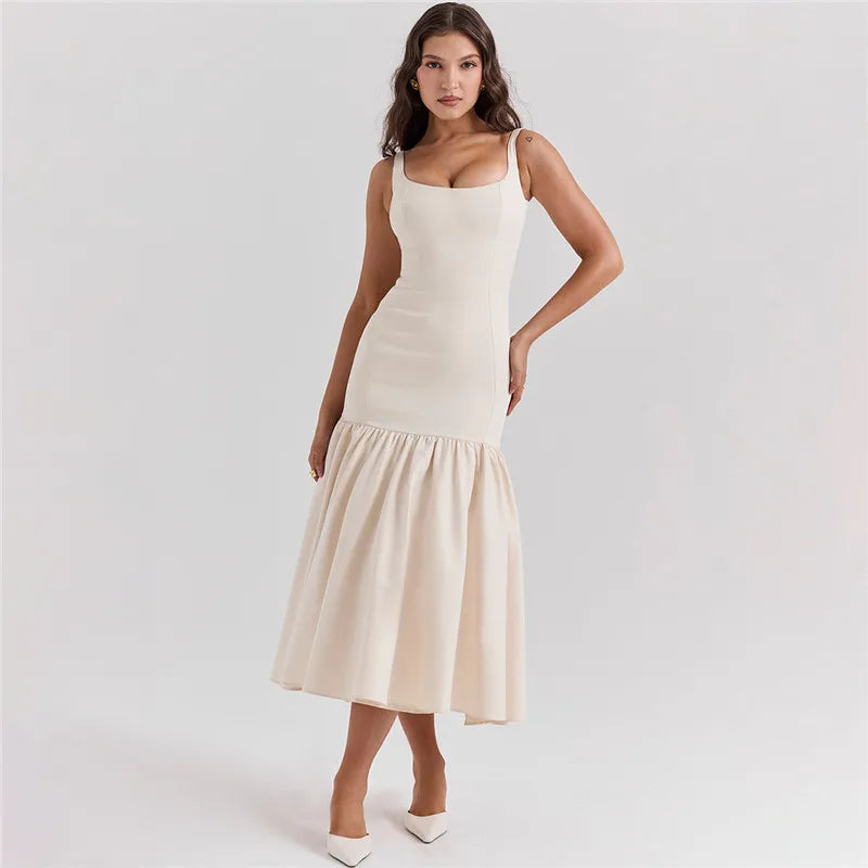 Elegant Backless Maxi Fishtail Dress for Women - Square Collar Sleeveless Loose Pleated Long Gown | Perfect for Evening Parties, Weddings & Special Occasions