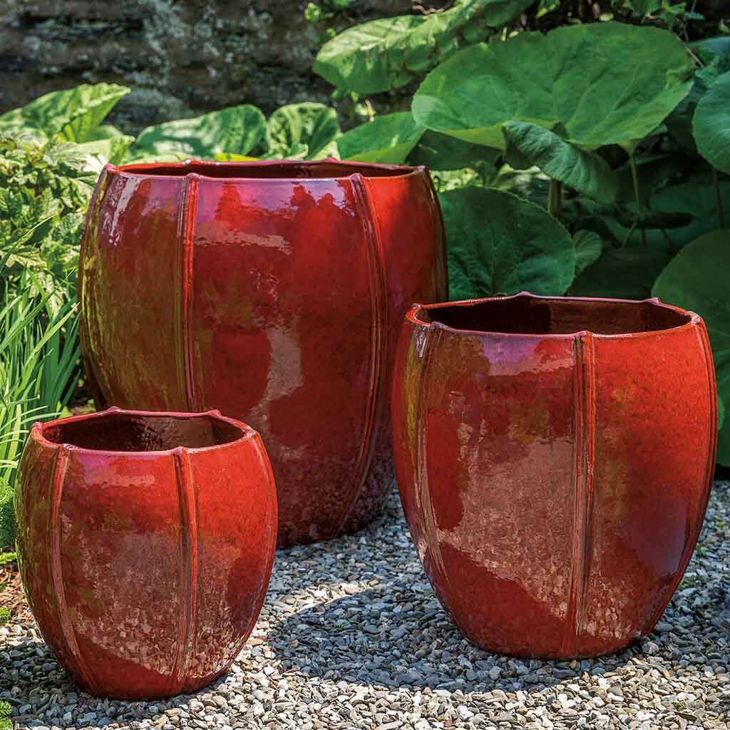 Campania International Rib Vault Planter Set of 3 - Tropic Red Ceramic Flower Pots for Indoor/Outdoor Garden Decor - Perfect for Patio, Balcony & Home Décor