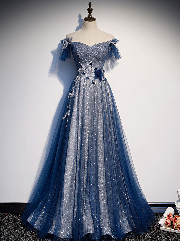Elegant Blue Tulle Lace Long Prom Dress & Bridesmaid Gown - Formal Evening Gowns for Homecoming, Wedding Party, and Special Occasions