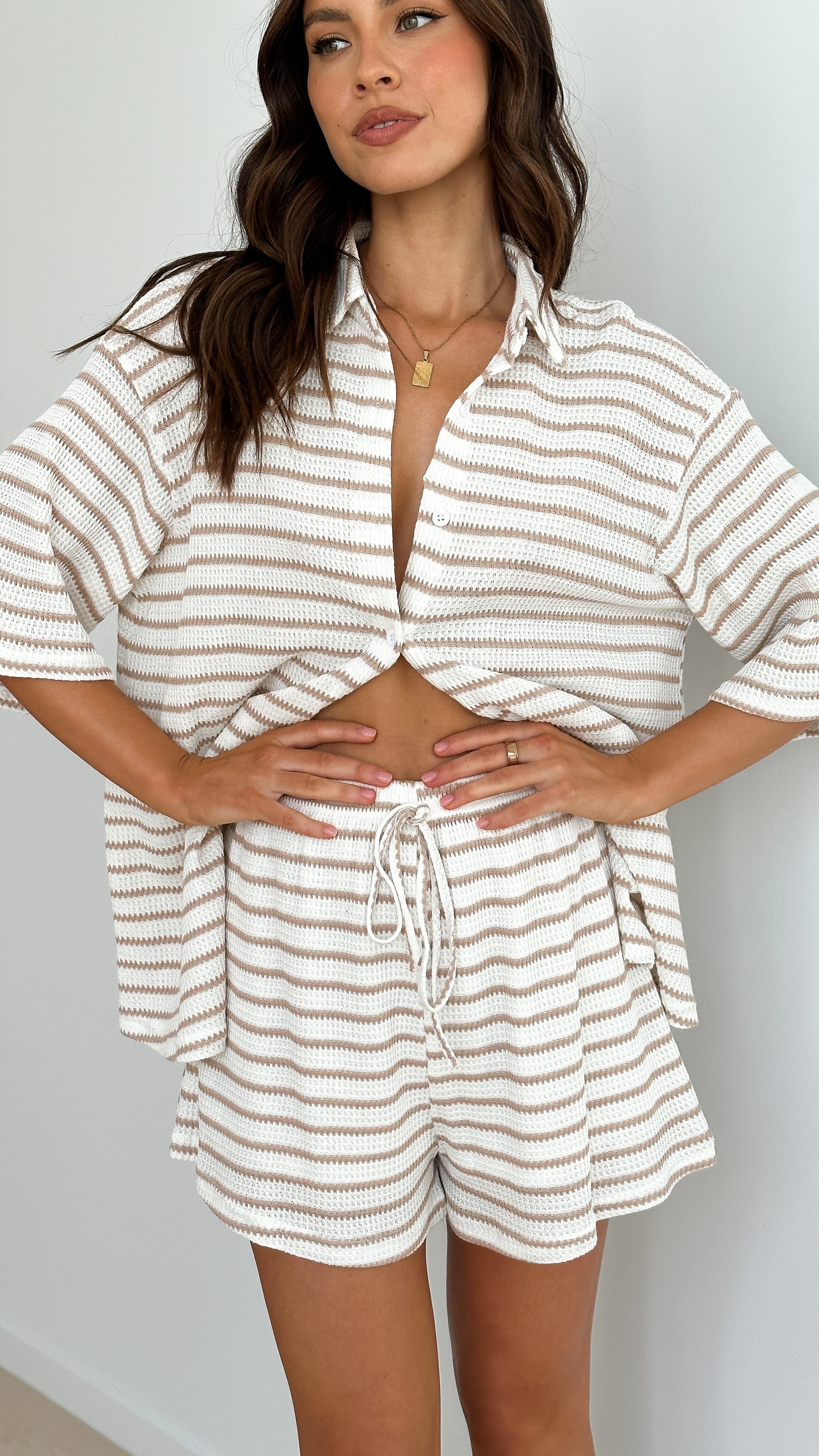 Lacole Button Up Shirt and Shorts Set for Women - White & Beige Striped Casual Outfit - Perfect for Summer, Beach, and Vacation Wear
