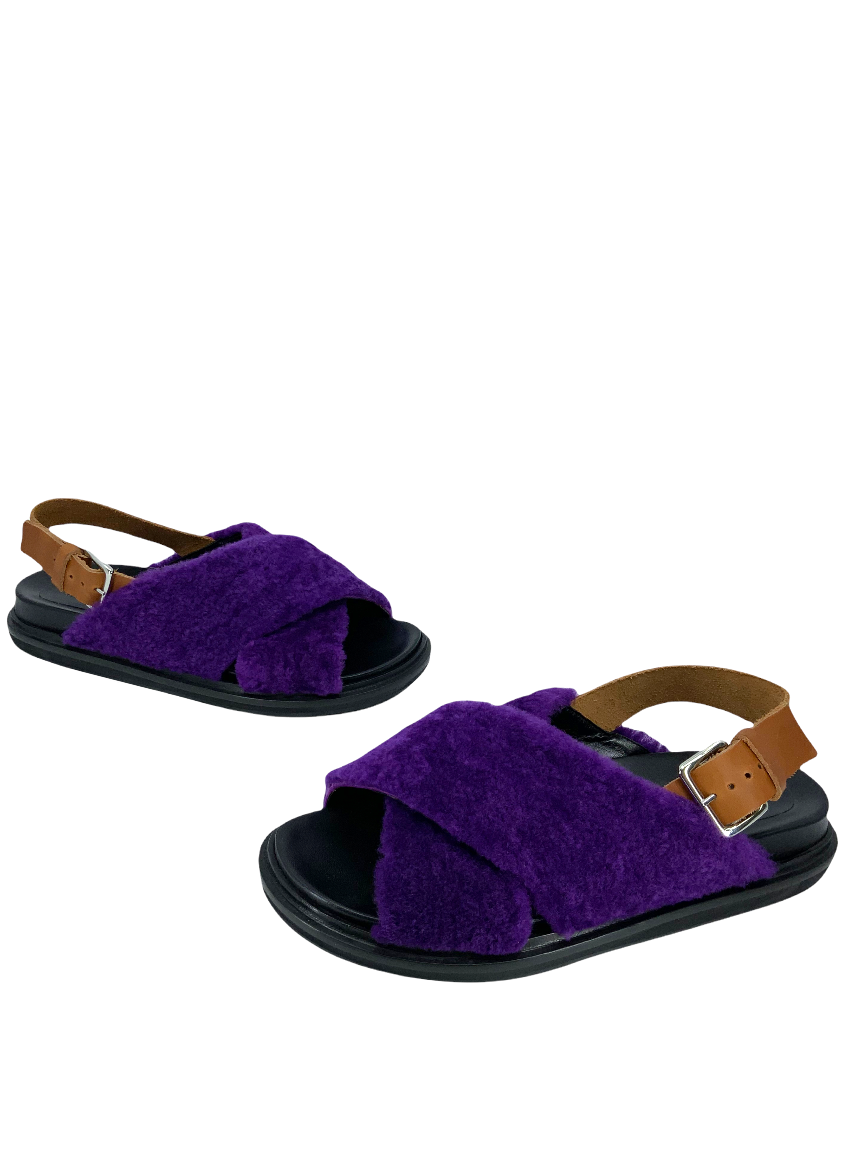 MARNI Shearling Trimmed Leather Sandals Women's Size 8 - Comfortable Luxury Slide Sandals for Casual Outings & Summer Vacations