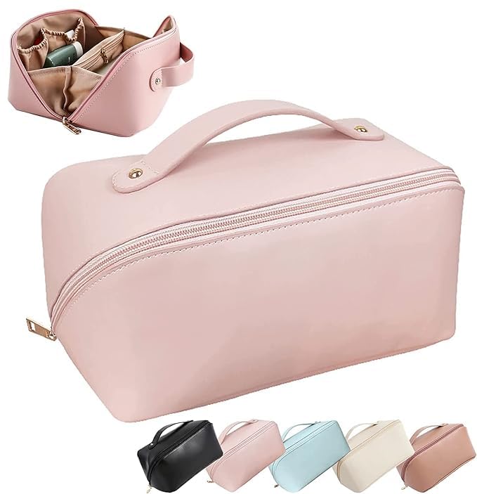 Premium Large Capacity Leather Travel Cosmetic Bag with Handle & Divider - Waterproof Makeup Organizer for Women | Portable Toiletry Bag for Vacation, Gym, Business Trips (Brown/Pink)