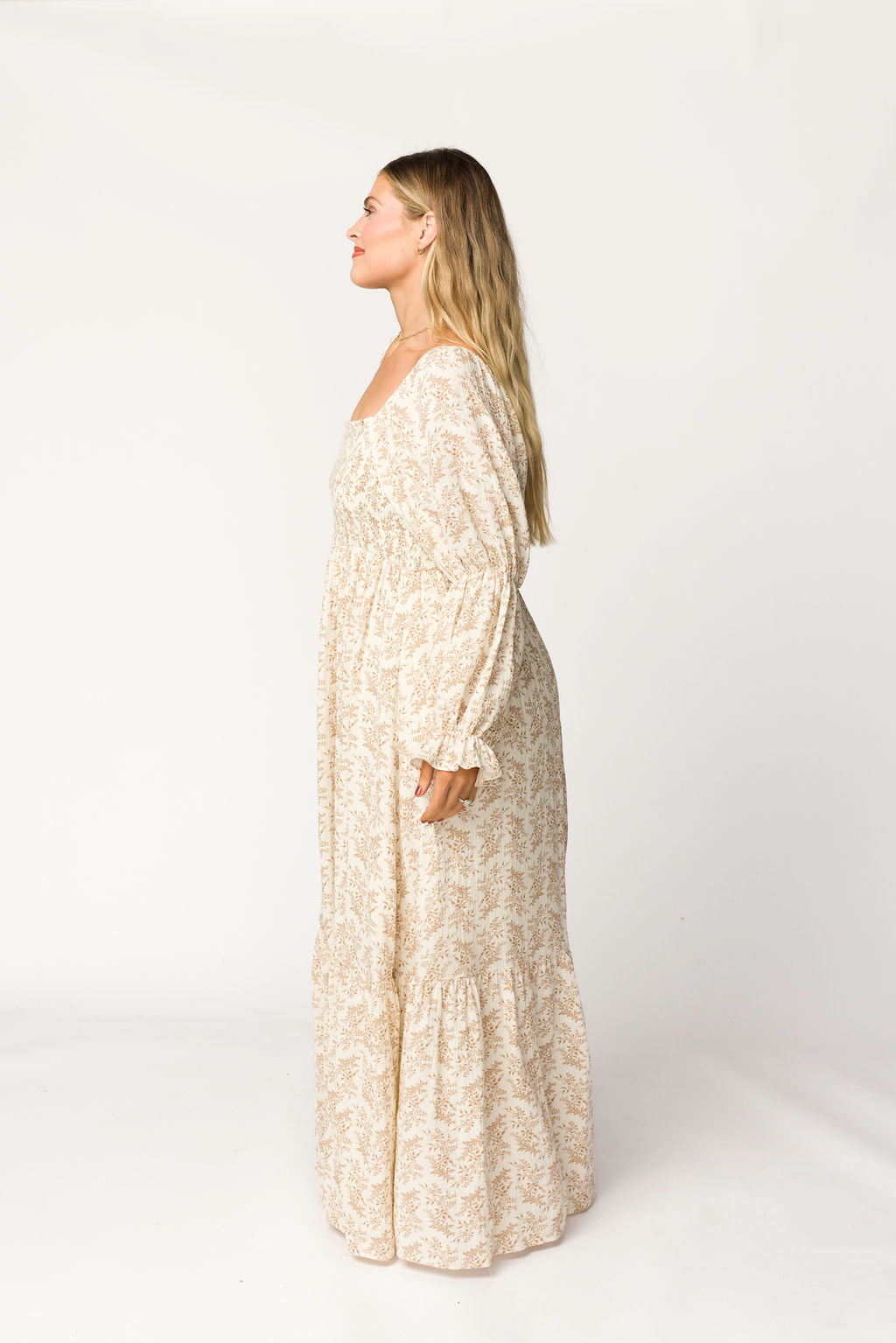 Emerson 100% Cotton Gauze Maxi Dress - Natural/Tan Floral Print, Bump Friendly Maternity Dress for Women | Boho Summer Beach Dress, Pregnancy Photoshoot, Casual Outfit