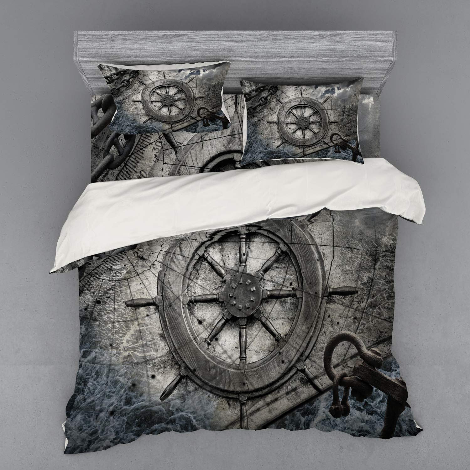 Ambesonne Nautical Duvet Cover Set - 4 Piece King Size Bedding with Shams & Fitted Sheet, Retro Ship Wheel & Anchor Design in Charcoal | Perfect for Coastal, Beach House or Sailor Themed Bedrooms