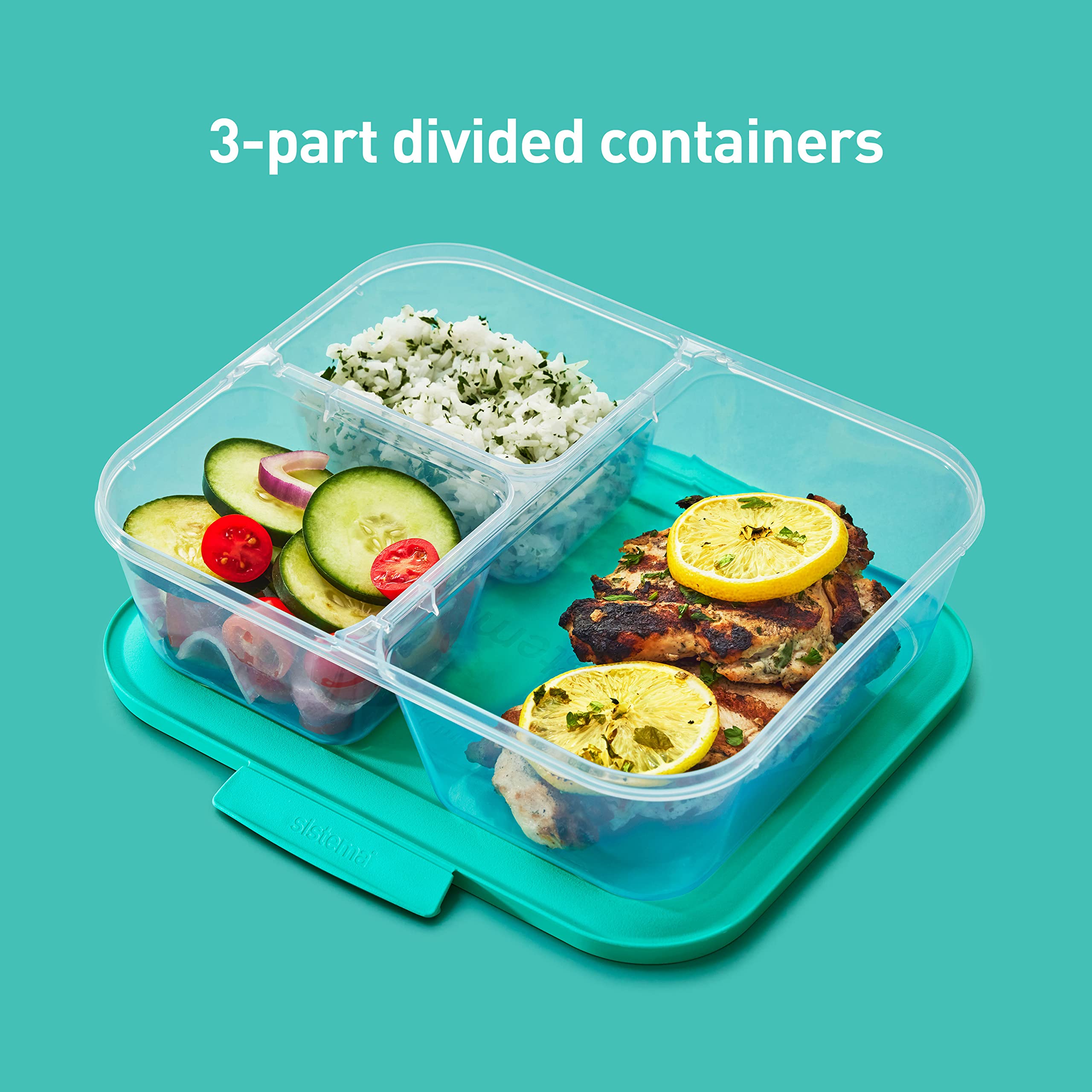 Sistema Nest It Meal Prep Food Storage Containers with Lids - 3 Compartment Bento Box Style - 5-Pack Airtight Containers for Lunch, Office & Meal Prepping - BPA-Free Plastic - Teal Color