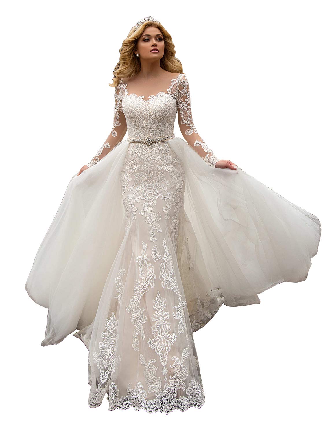 Elegant Long Sleeve Lace Mermaid Wedding Dress with Detachable Train - Plus Size 24 White Beach Bridal Gown for Women | Perfect for Beach Weddings, Vow Renewals & Romantic Photoshoots