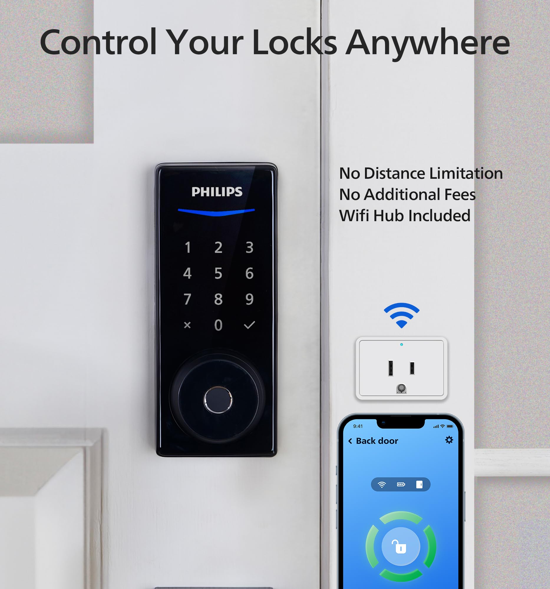 Philips Wi-Fi Smart Door Lock - Keyless Entry with App Control, Fingerprint ID, Auto Lock & Keypad Deadbolt | Includes Wi-Fi Bridge Adapter | Matte Black Smart Lock for Front Door | Perfect for Home Security & Hands-Free Access