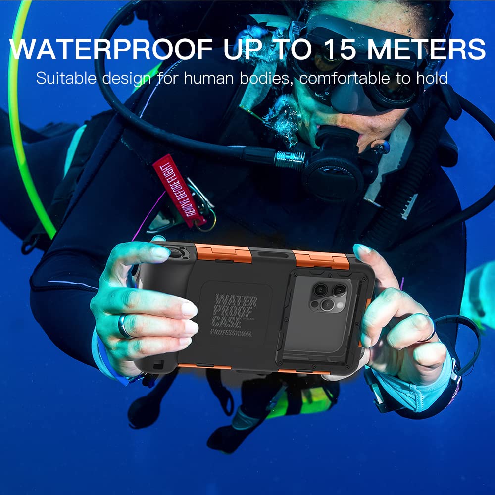 **Waterproof Phone Case for iPhone 16/15/14/13/12/11 Pro Max & Samsung Galaxy S25/S24/S23 Ultra/Plus - 50ft Underwater Protection for Snorkeling, Diving, Swimming & Beach Activities - Black/Orange**