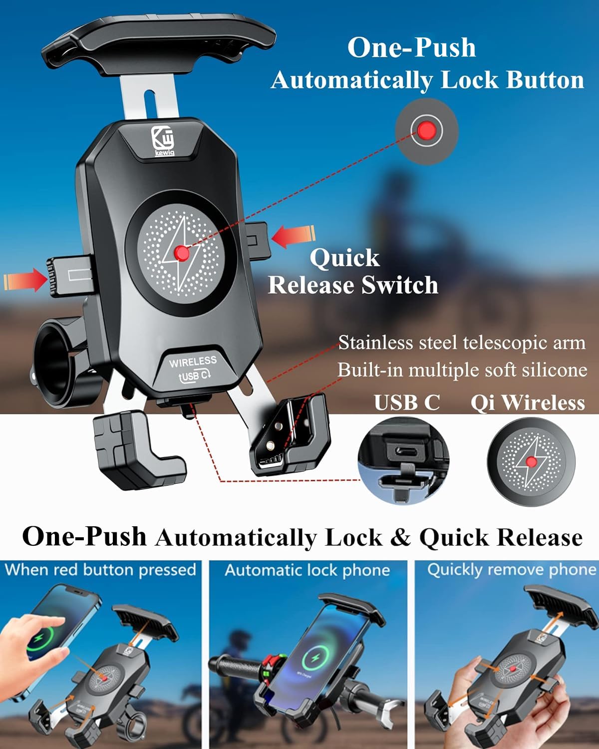 BRCOVAN Motorcycle Phone Mount with Qi 15W Wireless Charger & USB-C 20W Fast Charging - One-Hand Operation Handlebar Phone Holder for 4-7 Inch Smartphones - Aluminum Alloy Base - Perfect for Riding, Commuting & GPS Navigation