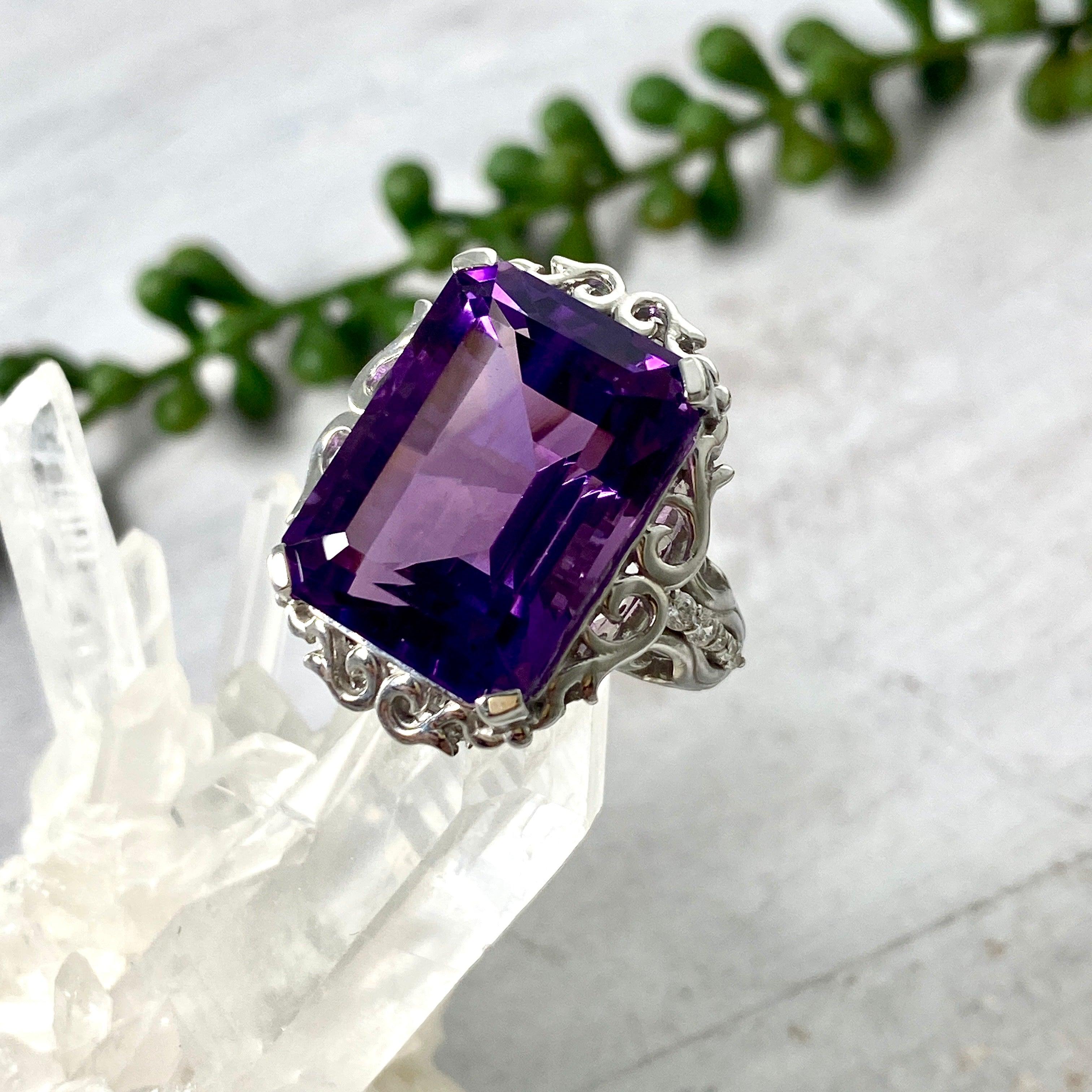 Amethyst Emerald Cut Ring with CZ Accents - Size 8 - HRGJ 35 - Elegant Jewelry for Women, Perfect for Weddings, Anniversaries & Special Occasions