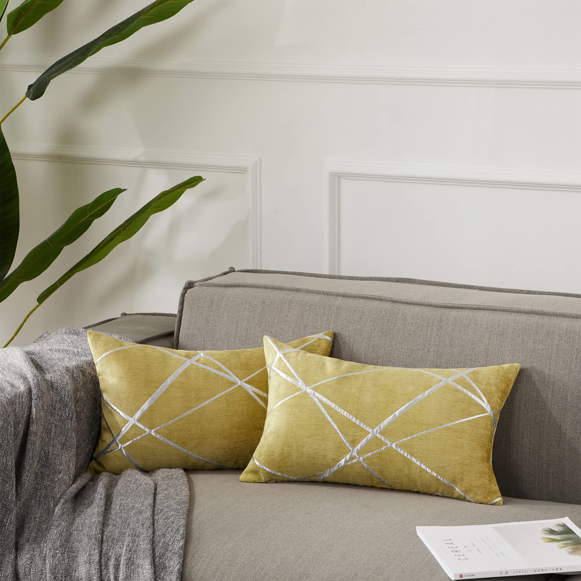 GIGIZAZA Decorative Lumbar Throw Pillow Covers Set of 2 - 12x20 Inch Square Yellow Luxury Sofa Cushion Covers for Living Room, Bedroom & Home Decor