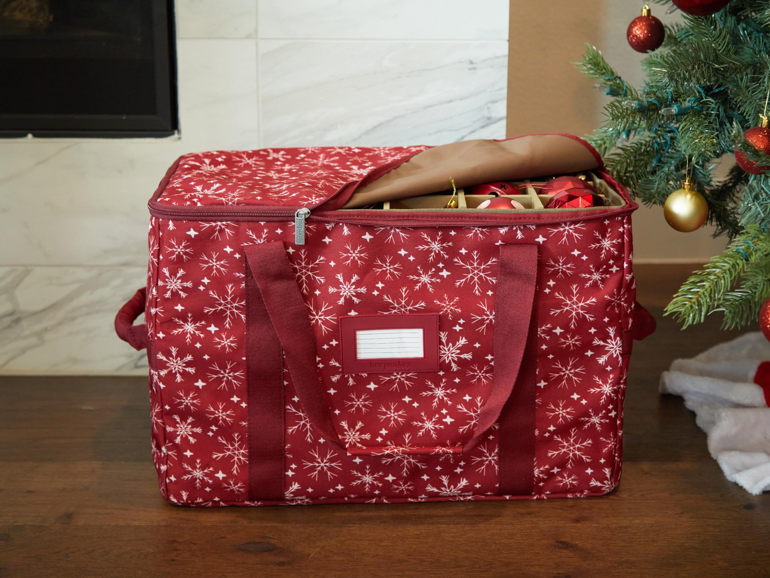 Covermates Keepsakes Adjustable Ornament Storage Bag with Carrying Handles & Padded Protection - Holiday Decoration Organizer for Christmas Tree Ornaments (Red Snowflake Design) - Perfect for Seasonal Storage & Home Organization