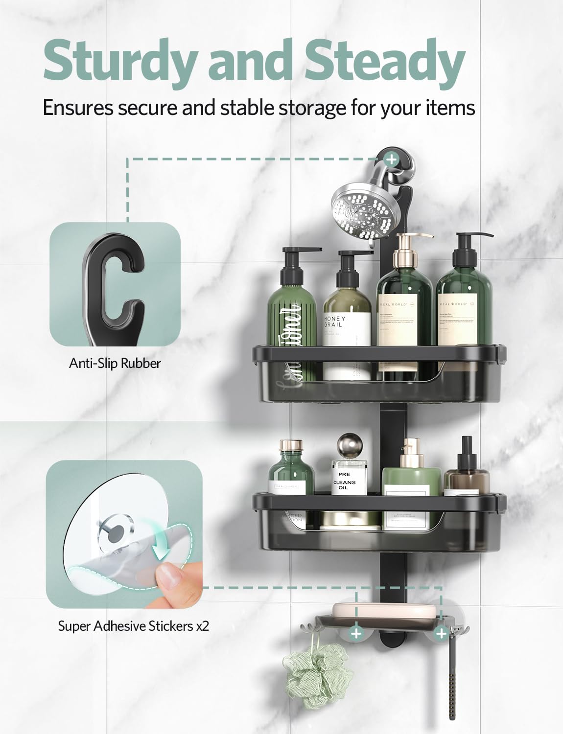 LAMU Adjustable Shower Caddy Organizer - 3-Tier Rustproof Aluminum Alloy + ABS Hanging Storage with Hooks, Razor Holder & Soap Dish (Black) - Perfect for Bathroom Organization & Small Space Storage
