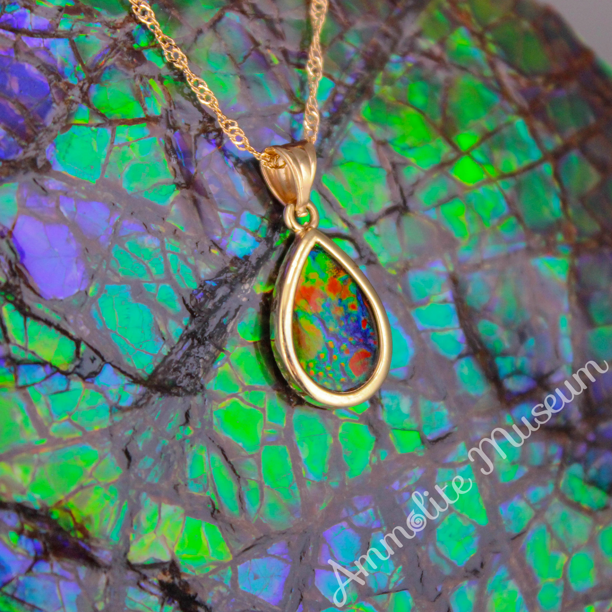 14K Gold Teardrop Ammolite Pendant Necklace - Natural Iridescent Gemstone Jewelry for Women - Perfect for Weddings, Parties & Special Occasions